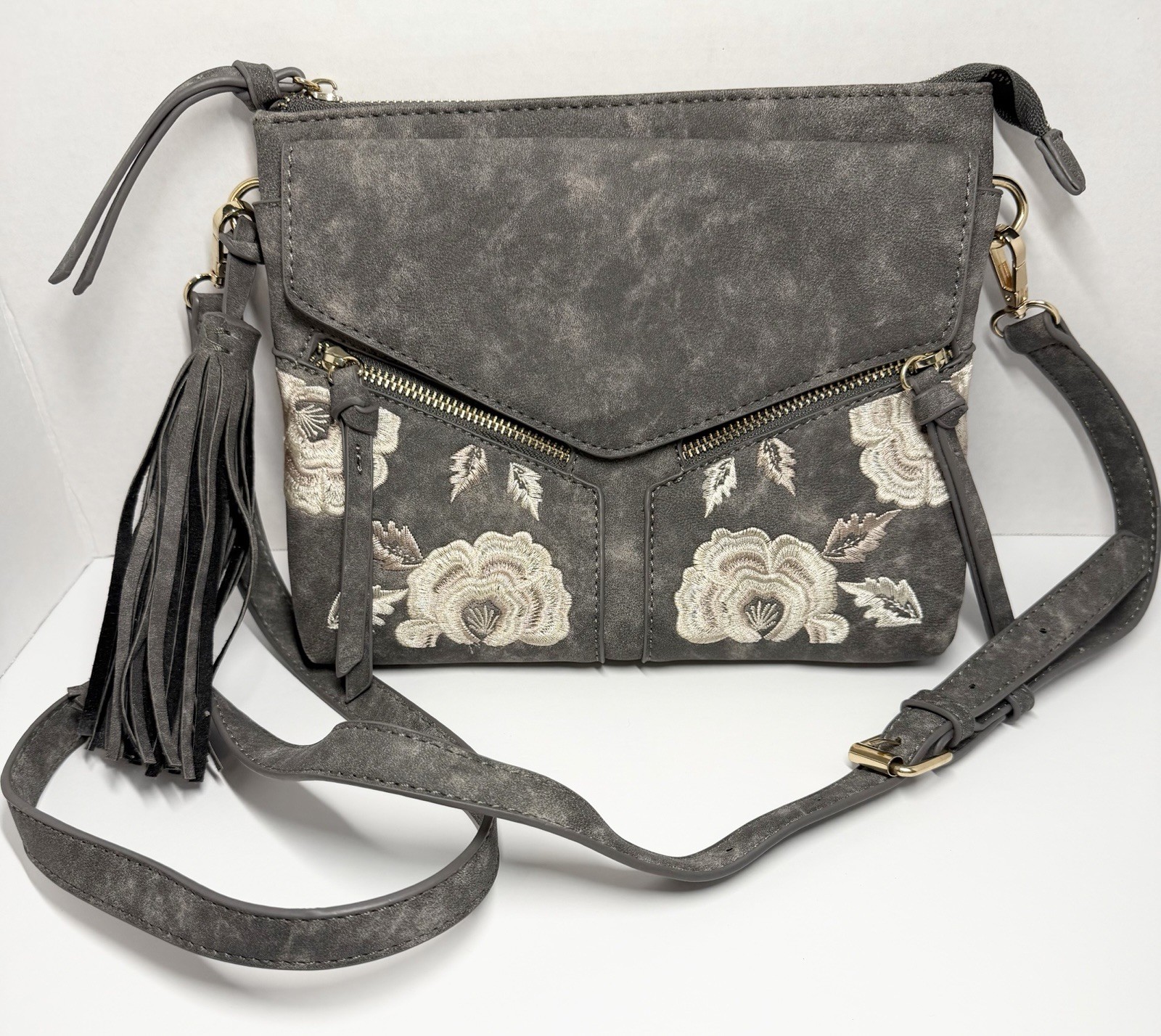 Altar’d State Embroidered Boho Crossbody Bag Zip/Magnetic Gray Faux Leather