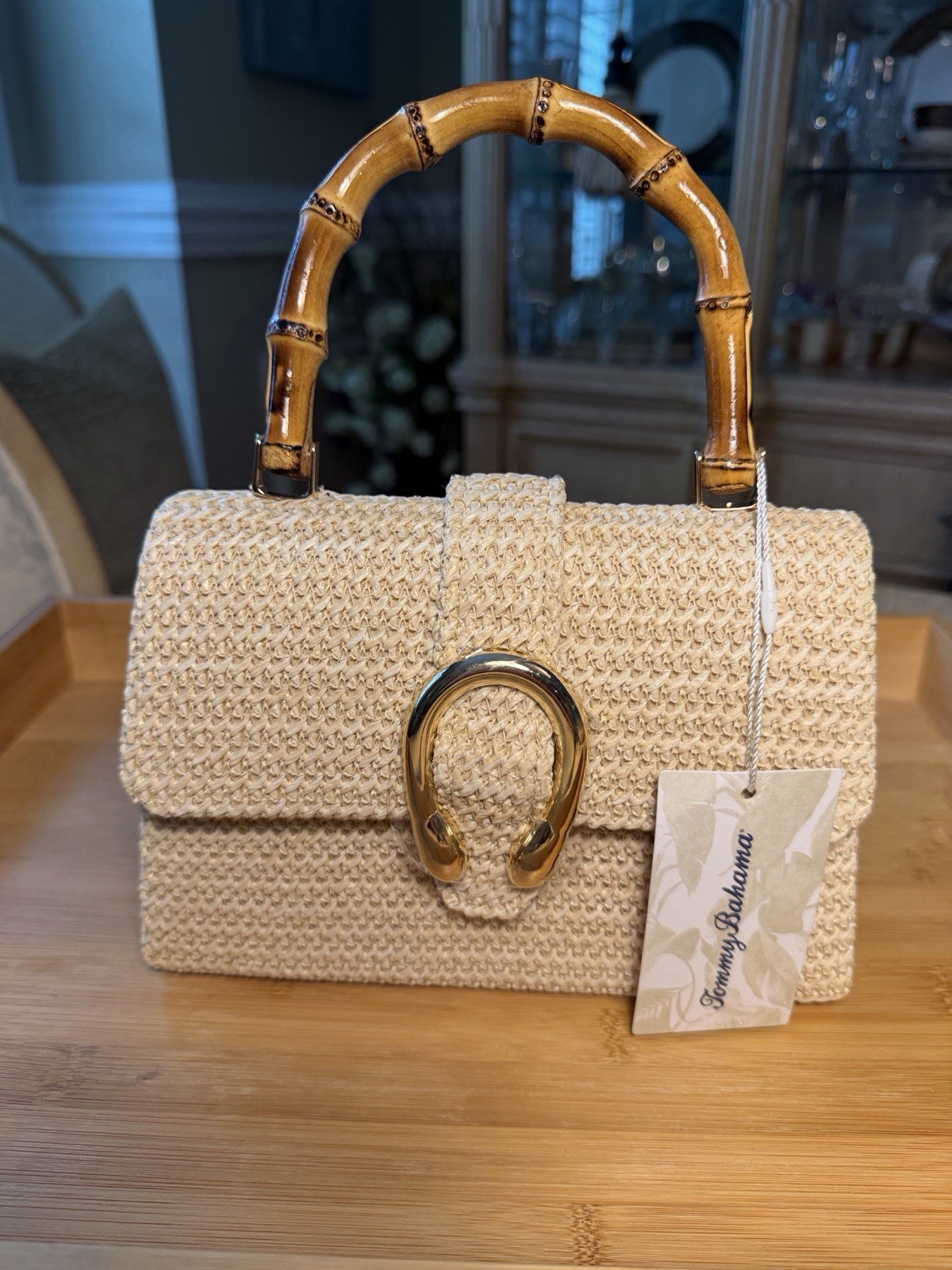 Tommy Bahama Woven Straw Satchel w/ Bamboo Top Handles/Gold Chain. NWT.