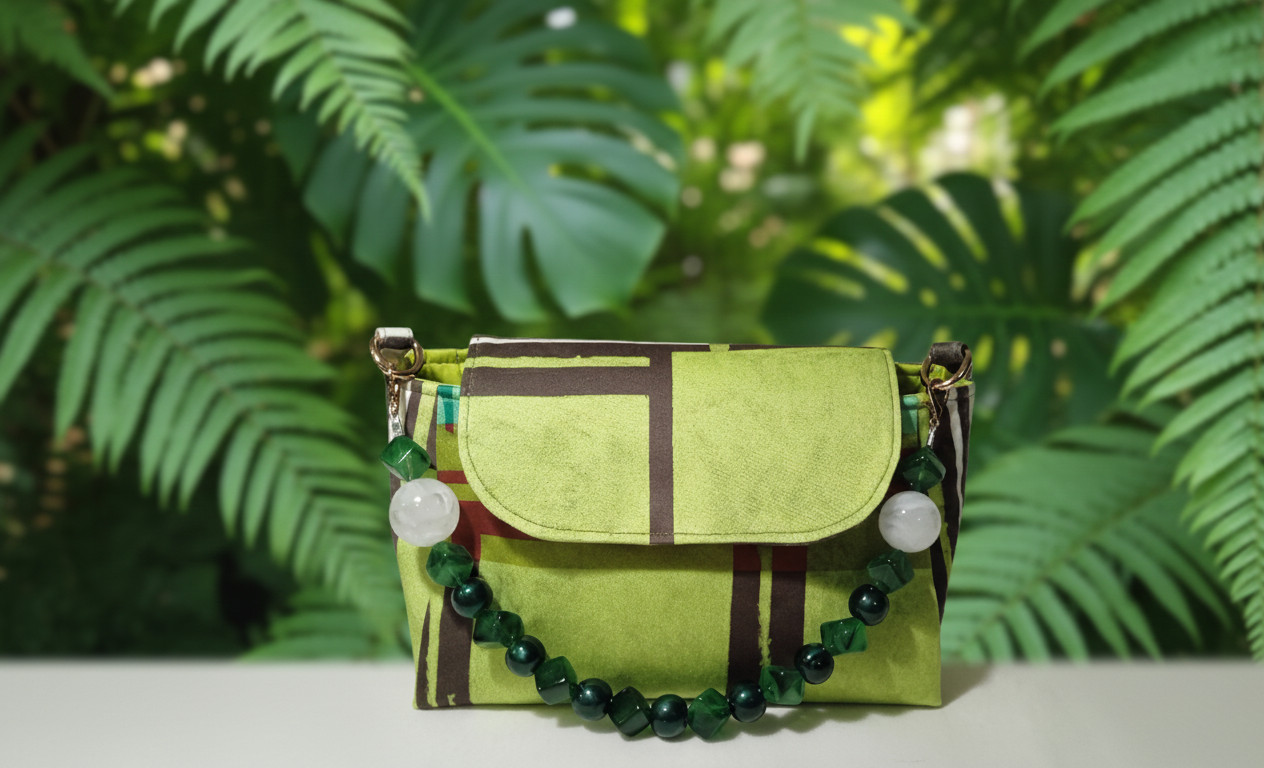 Handmade Geometric Cotton Handbag Acrylic Bead Handle Coin Purse OOAK Green Grey