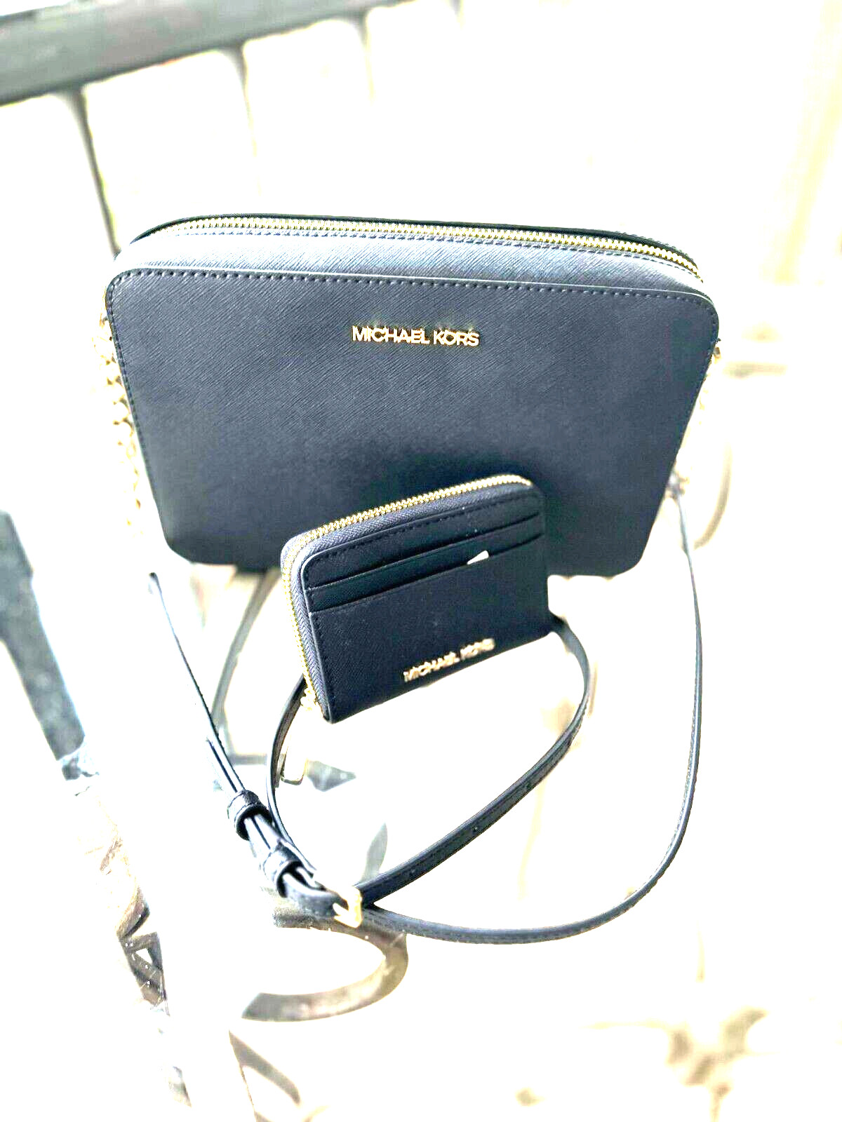 Michael Kors Jet Set Large Women Leather Crossbody Bag + Card Case Wallet Black