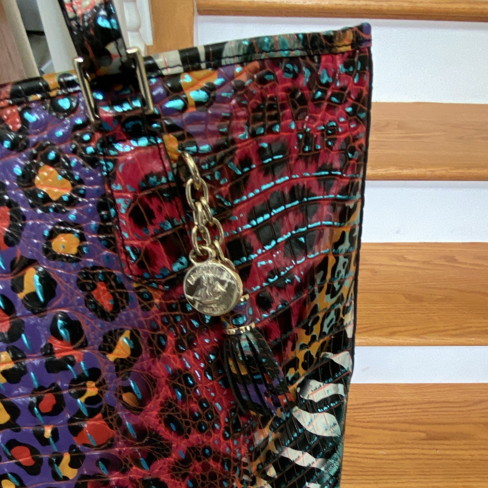 Brahmin Women’s Multicolor Animal Print Embossed Zip Tote Gold Hardware Charm