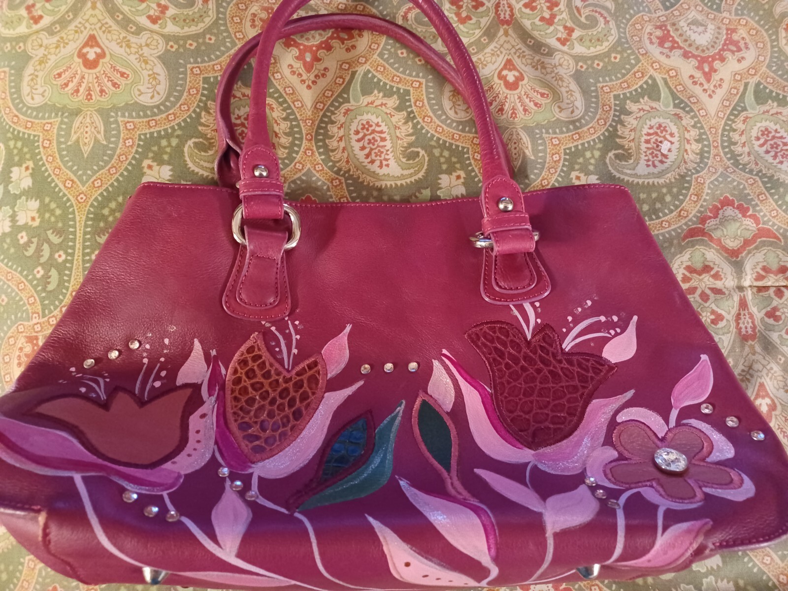 Gianfranco Sisti purple pink Italian leather floral shoulder bag purse tote Ital