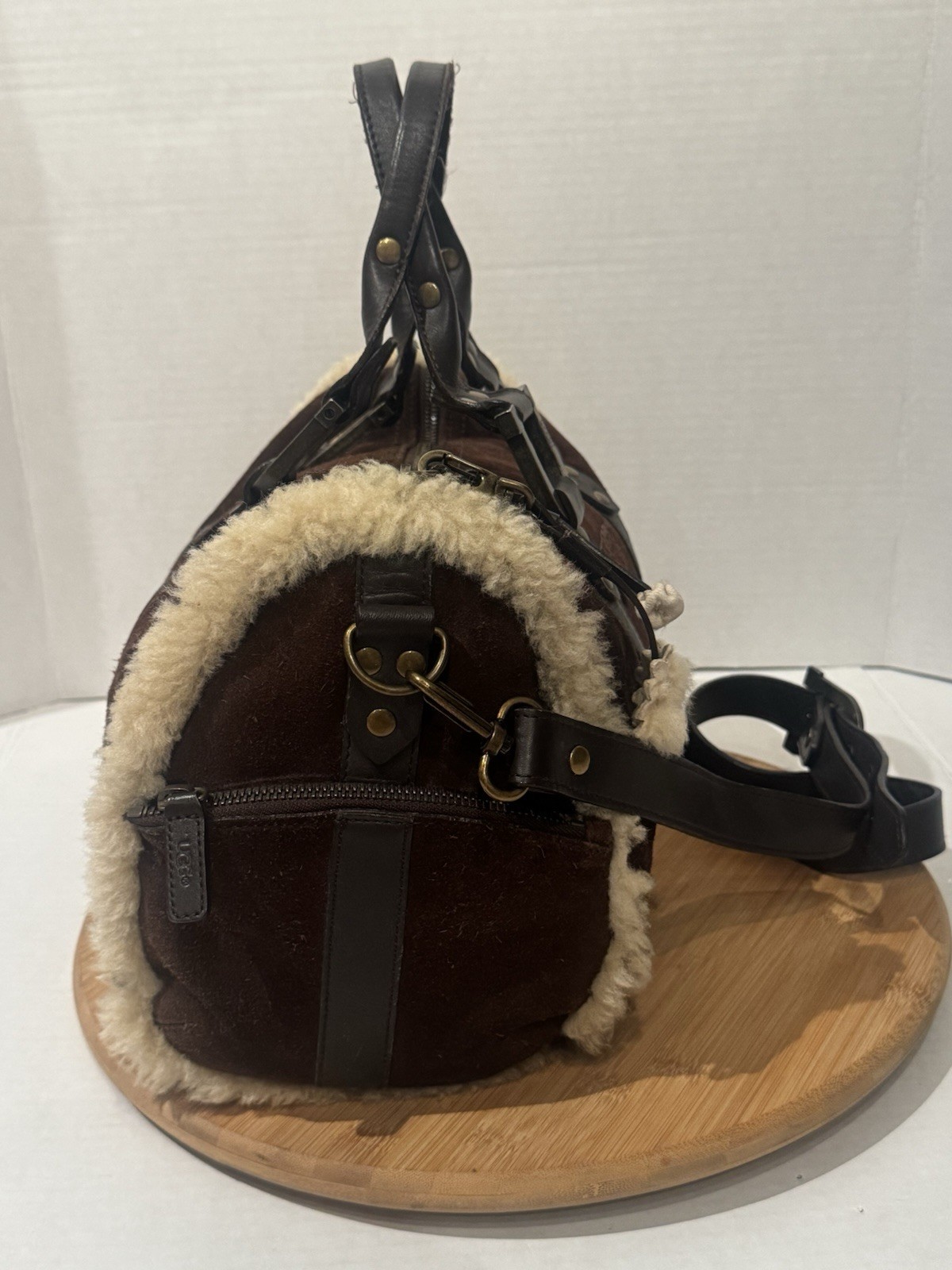 VTG UGG Australia Shearling Suede Pom Pom Tote Bag barrel Handbag Y2K Boho Brown
