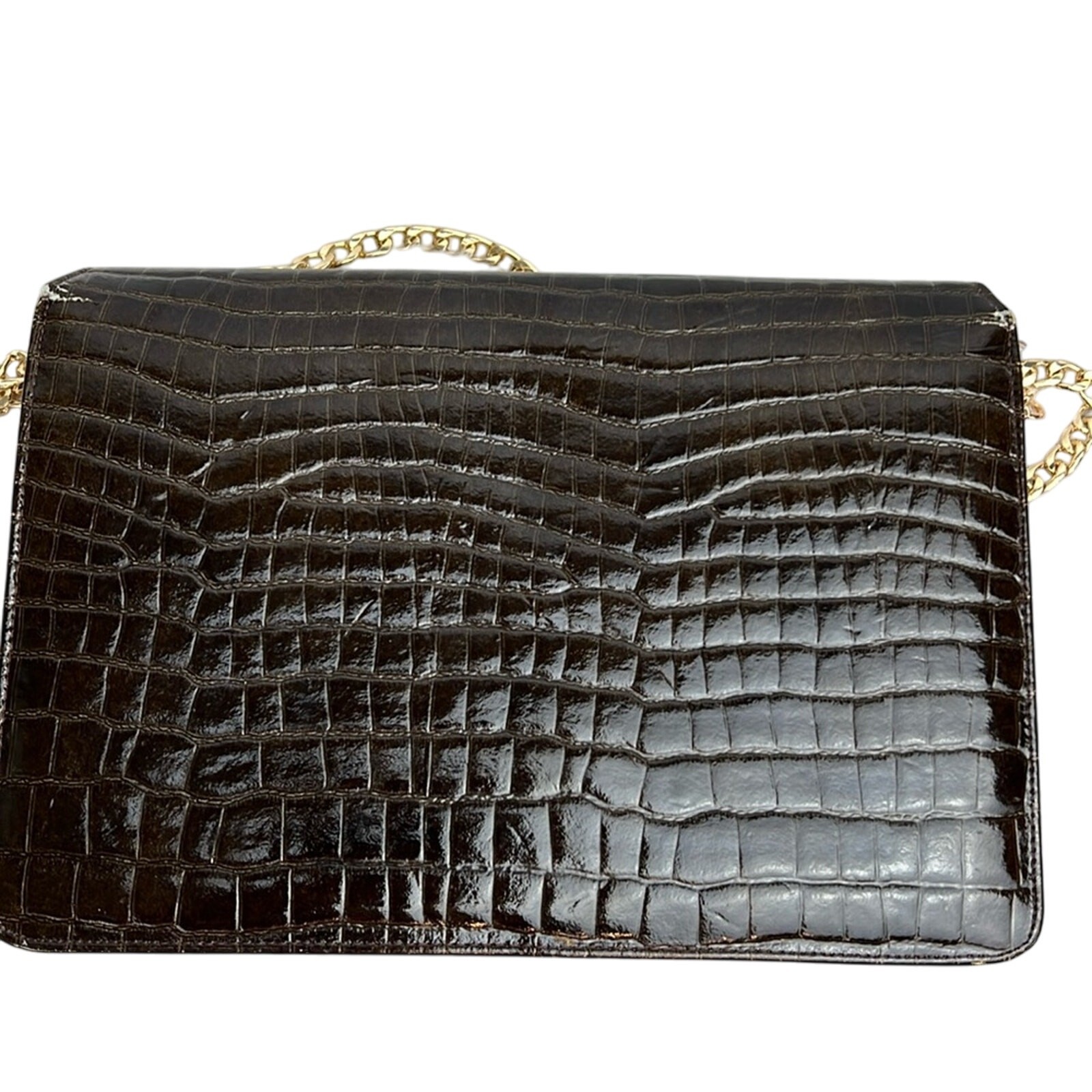 Bienen Davis Vintage Croc Embossed Structured Flap Bag Gold Chain Old Money
