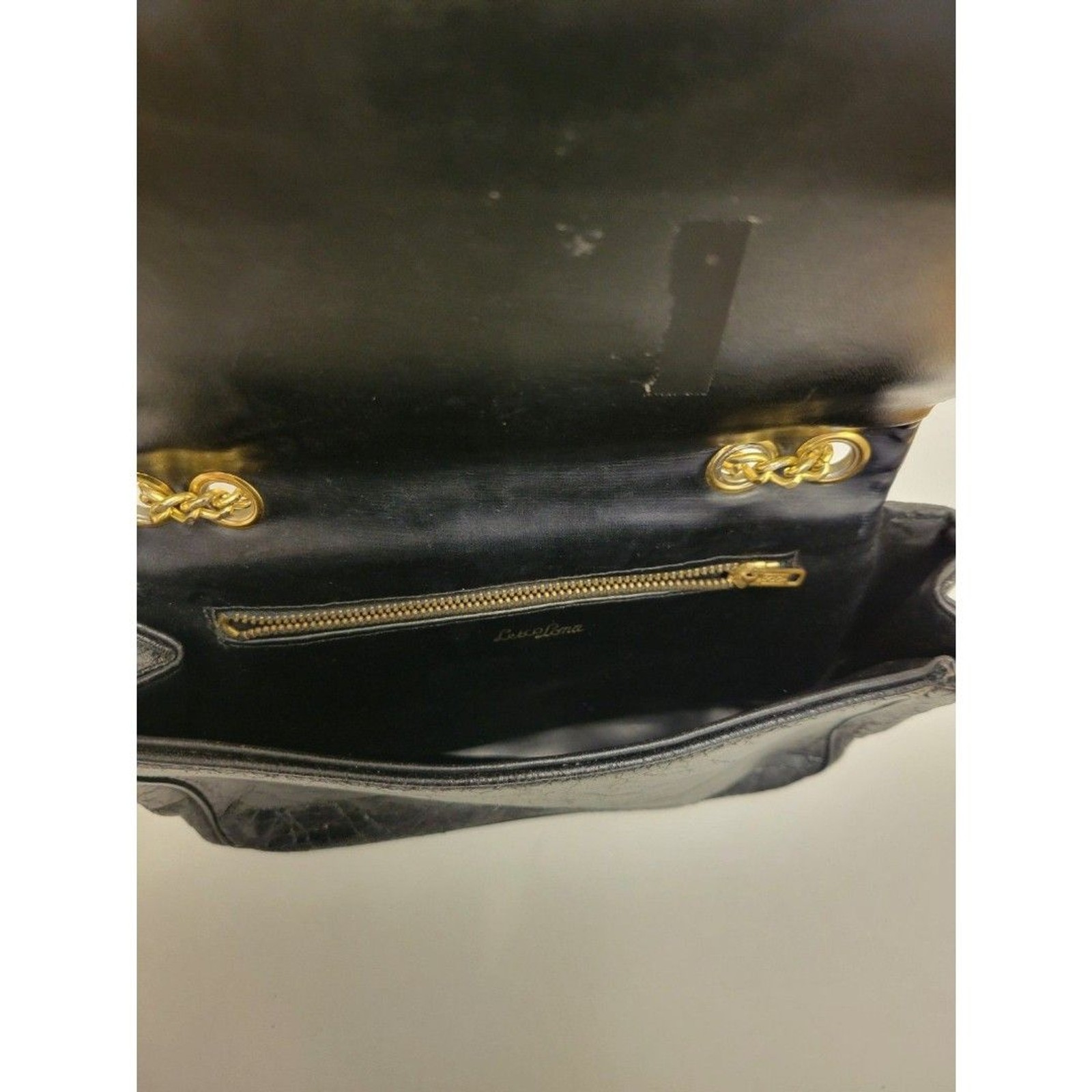 Vintage 90s Lesco Lana Black Leather Purse Floral Embroidery Gold Chain Strap