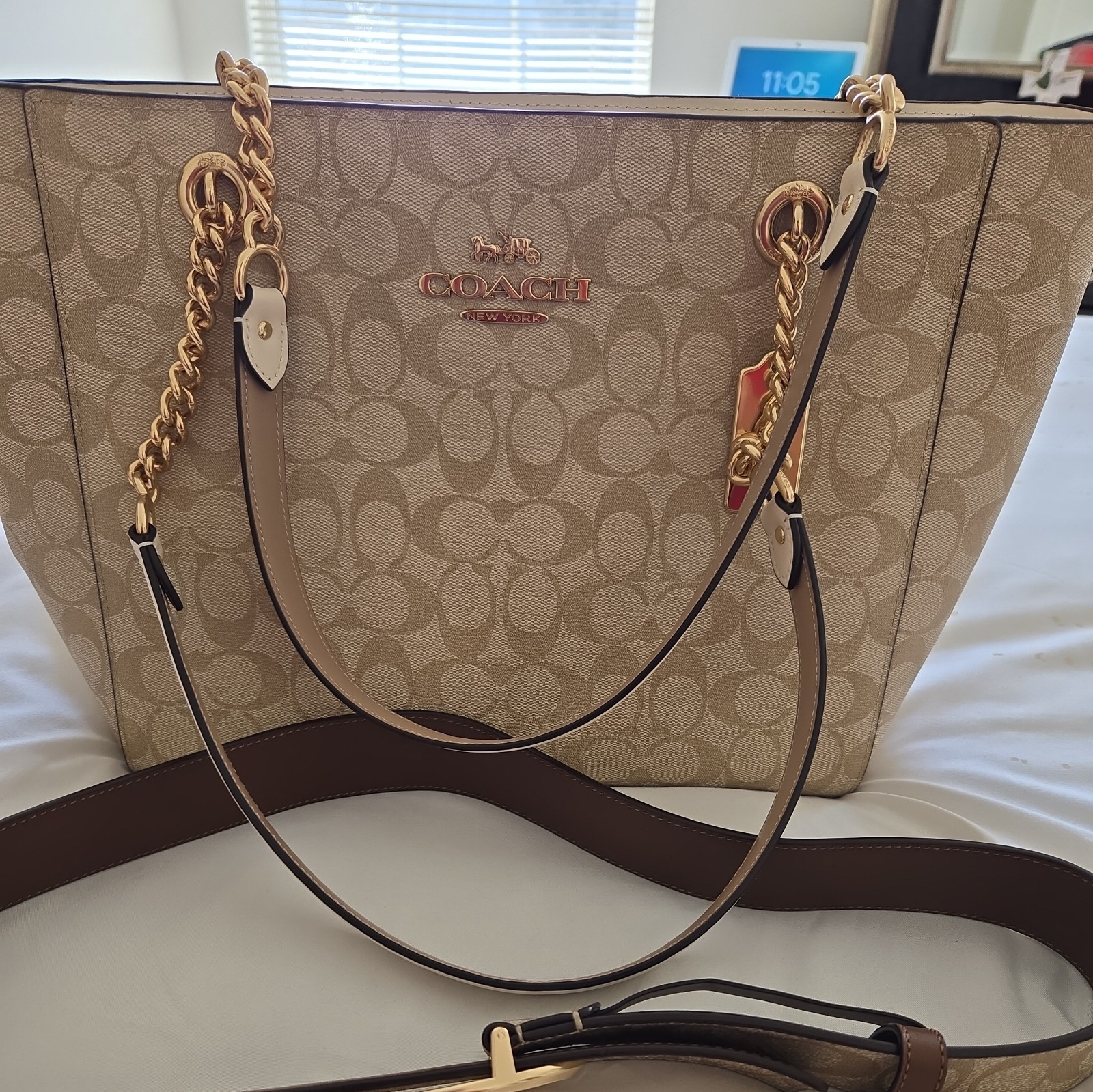 Coach Cammie Chain Tote, Wallett, Belt Light Khaki Chalk Gold 3 pcs