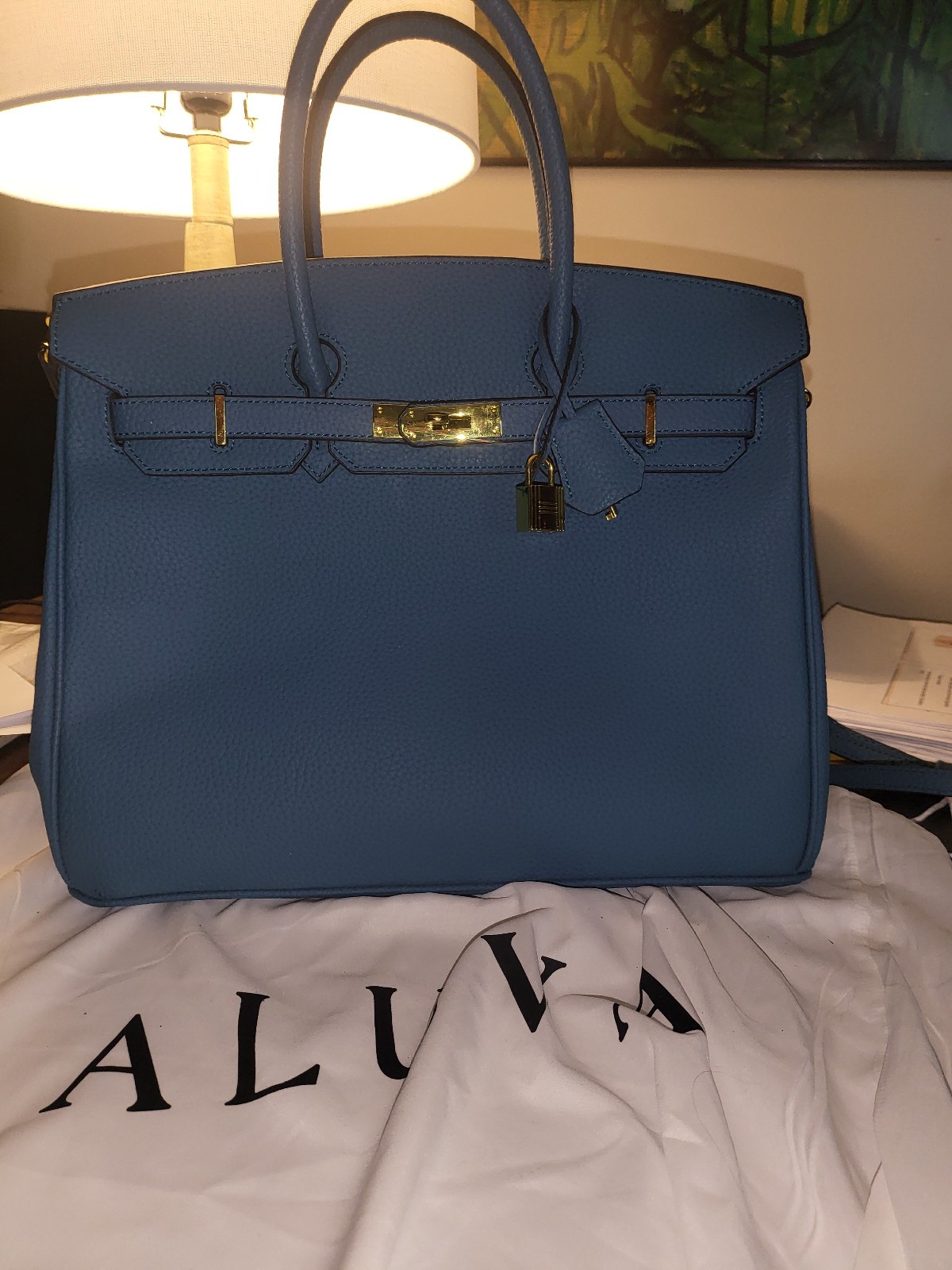 LALUVA 35 Top Handle Bag Lake Blue gold hardware | Lock Accent