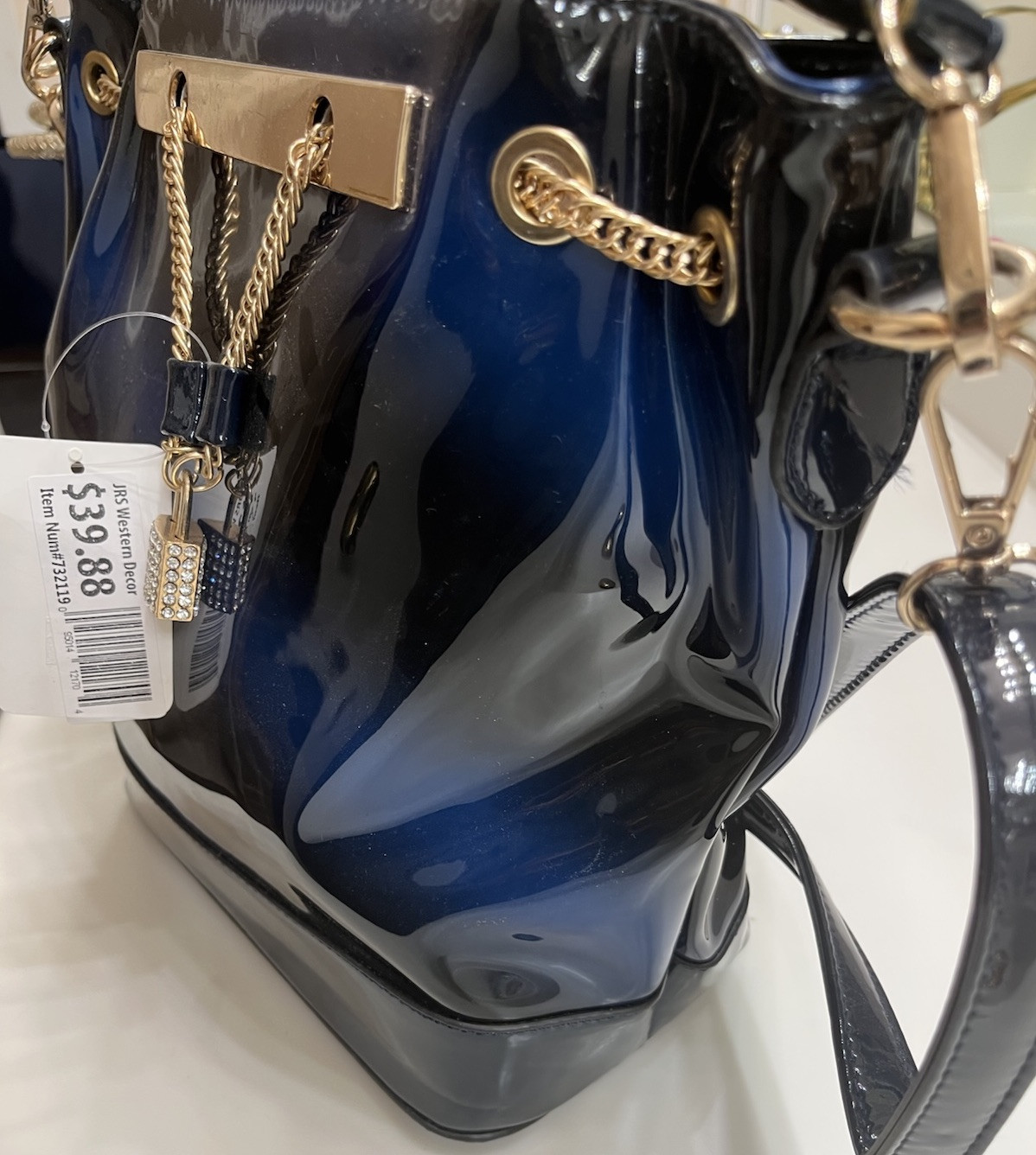 NAVY BLUE PATENT LEATHER Bucket Bag, Chain & Snap Closure, Hand & Shoulder Strap