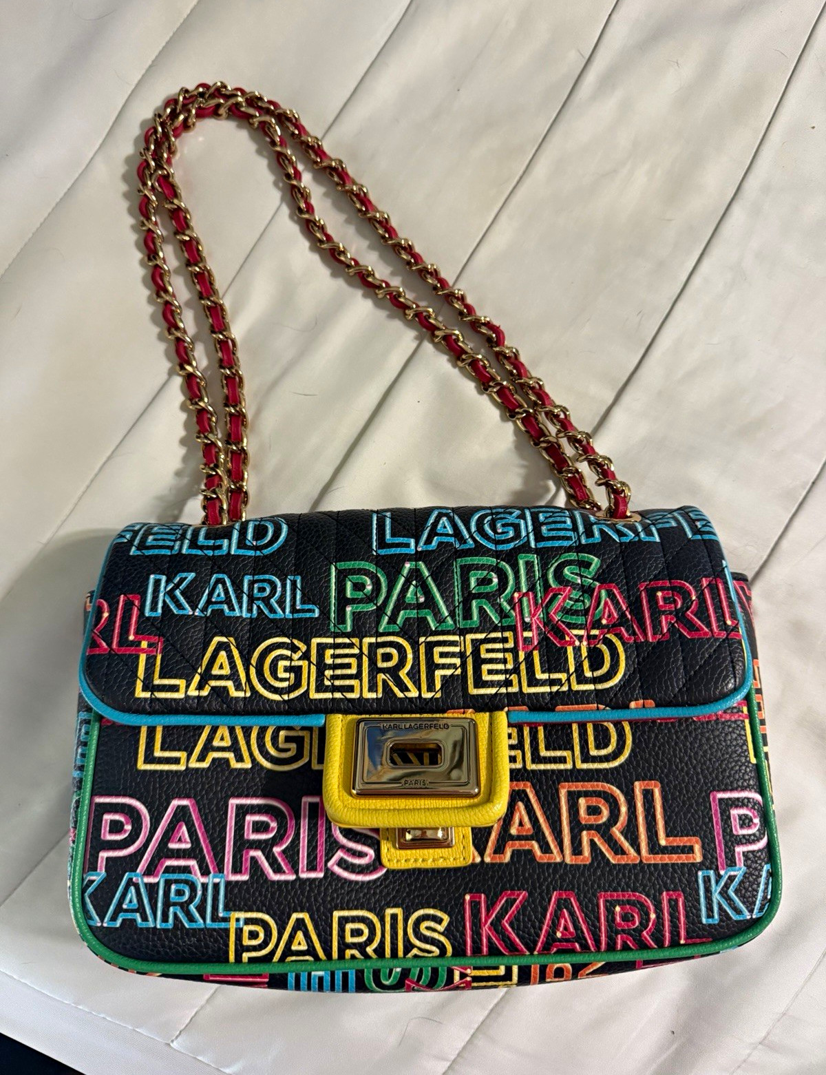 KARL LAGERFELD PARIS Logo Print Small Chain Strap Shoulder Bag Turn Lock