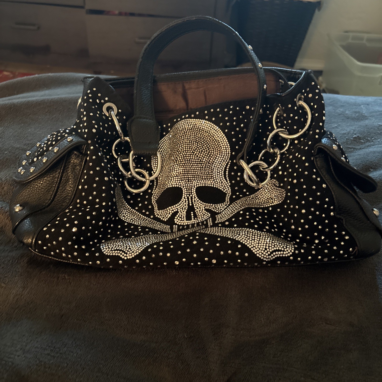 Custom Black Leather Handbag with Skull/Rhinestones & Studded. Multi Pockets.