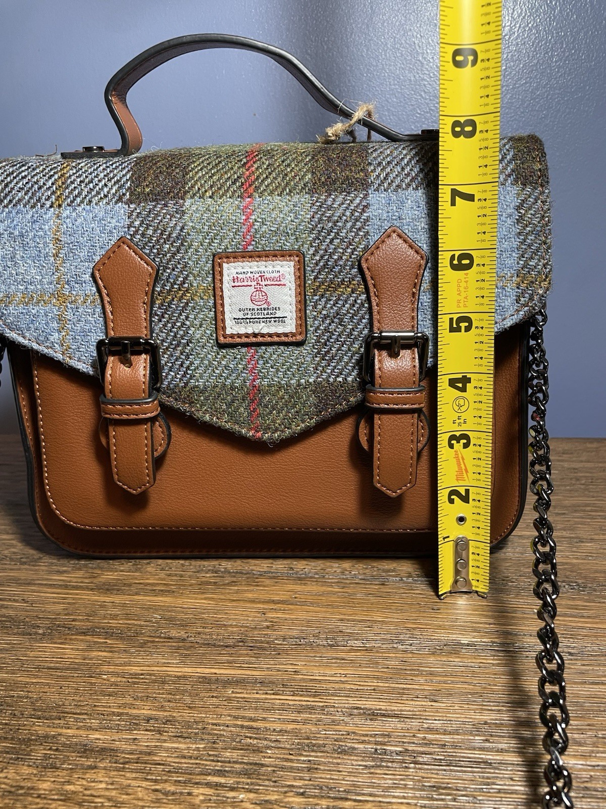 NEW HARRIS TWEED MINI CHESTNUT HERRINGBONE SATCHEL DETACHABLE CHAIN STRAP