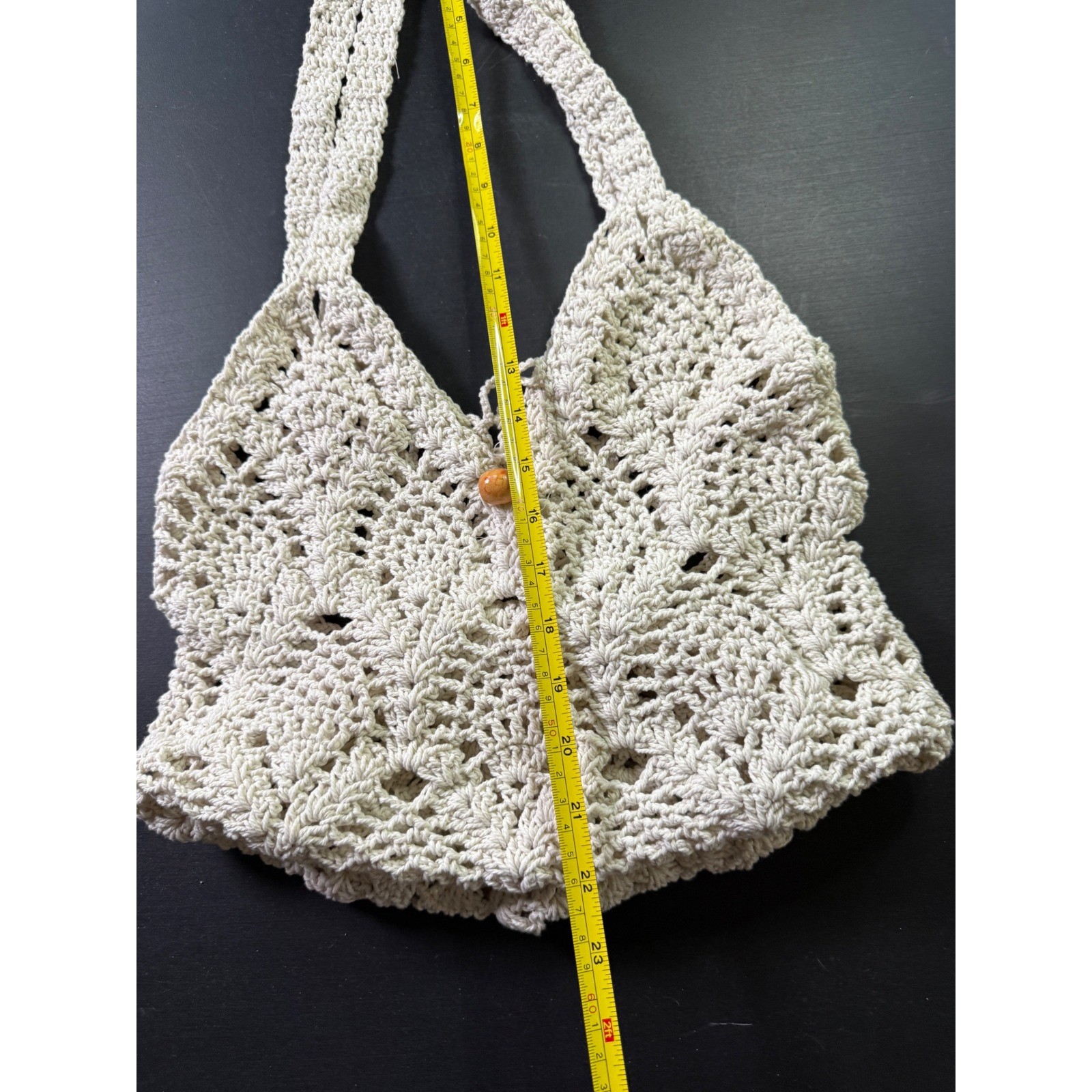 Handmade Crochet Shoulder Bag Cream Boho Knit Tote Wood Bead Closure