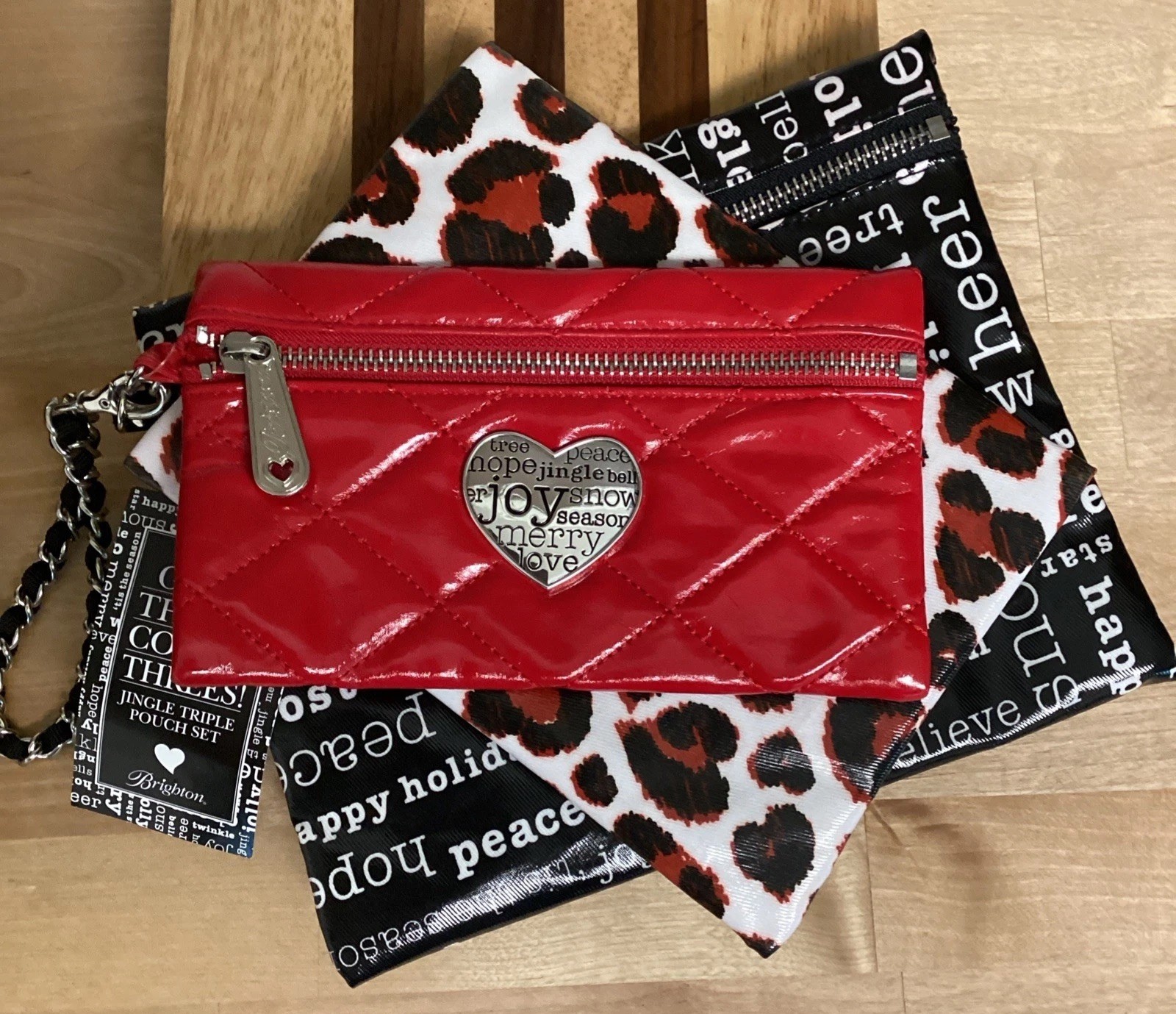 NWT Brighton Jingle Triple Pouch Set Red Quilted Heart Leopard Print Holiday 3pc