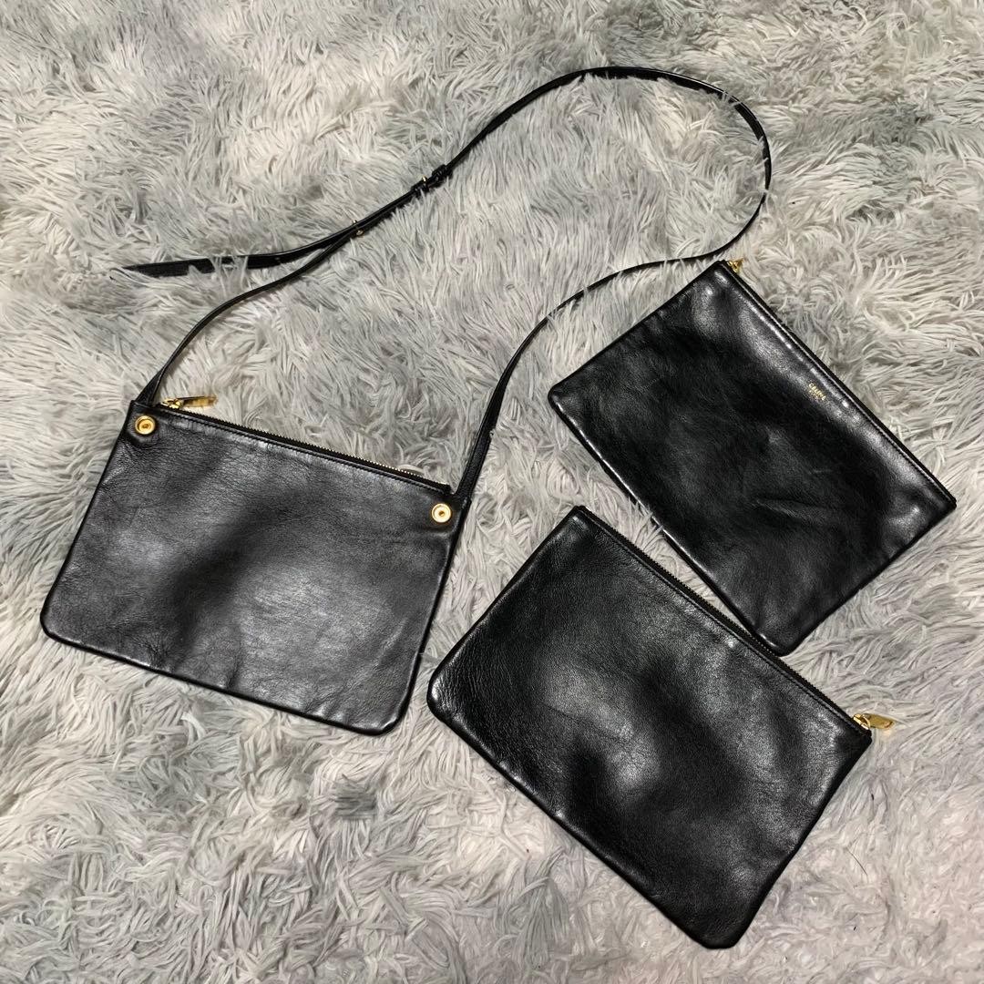Celine Trio Black Shoulder Bag Crossbody Satchel Japan 074161