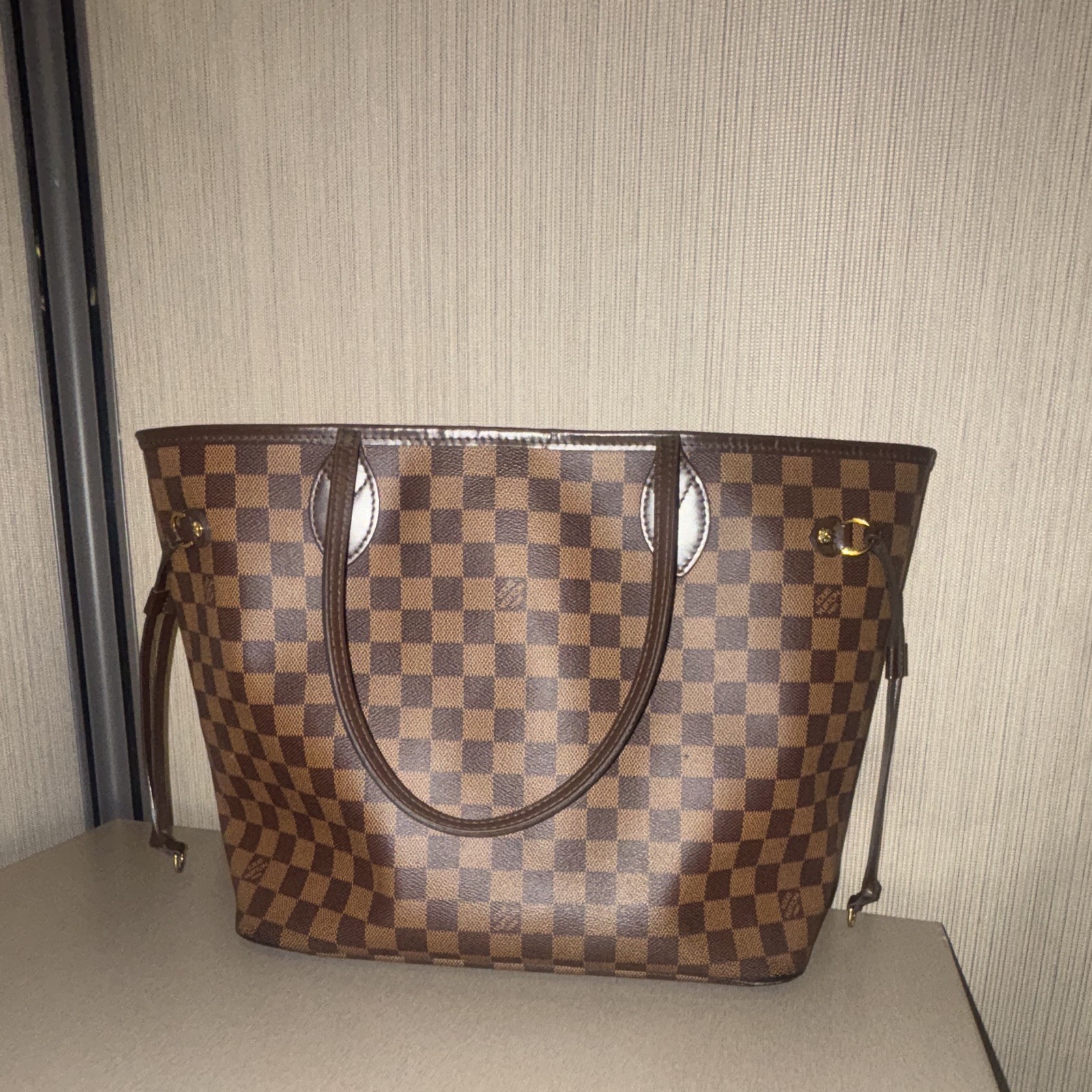 Louis Vuitton Neverfull MM Damier Ebene Tote Bag Brown Red Lining