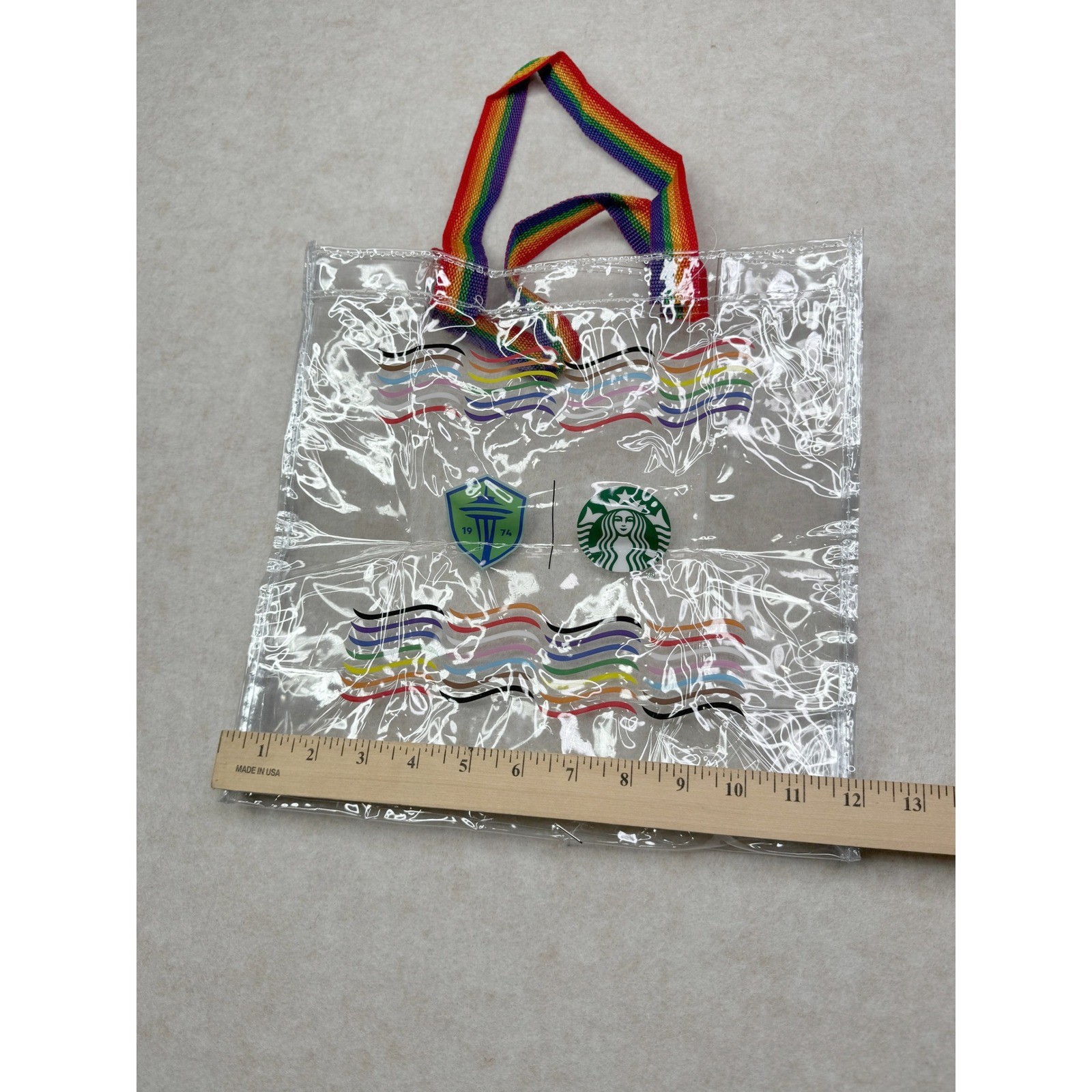 Starbucks Rainbow Clear Tote Bag Handles Limited Edition 12 x 12 x 6