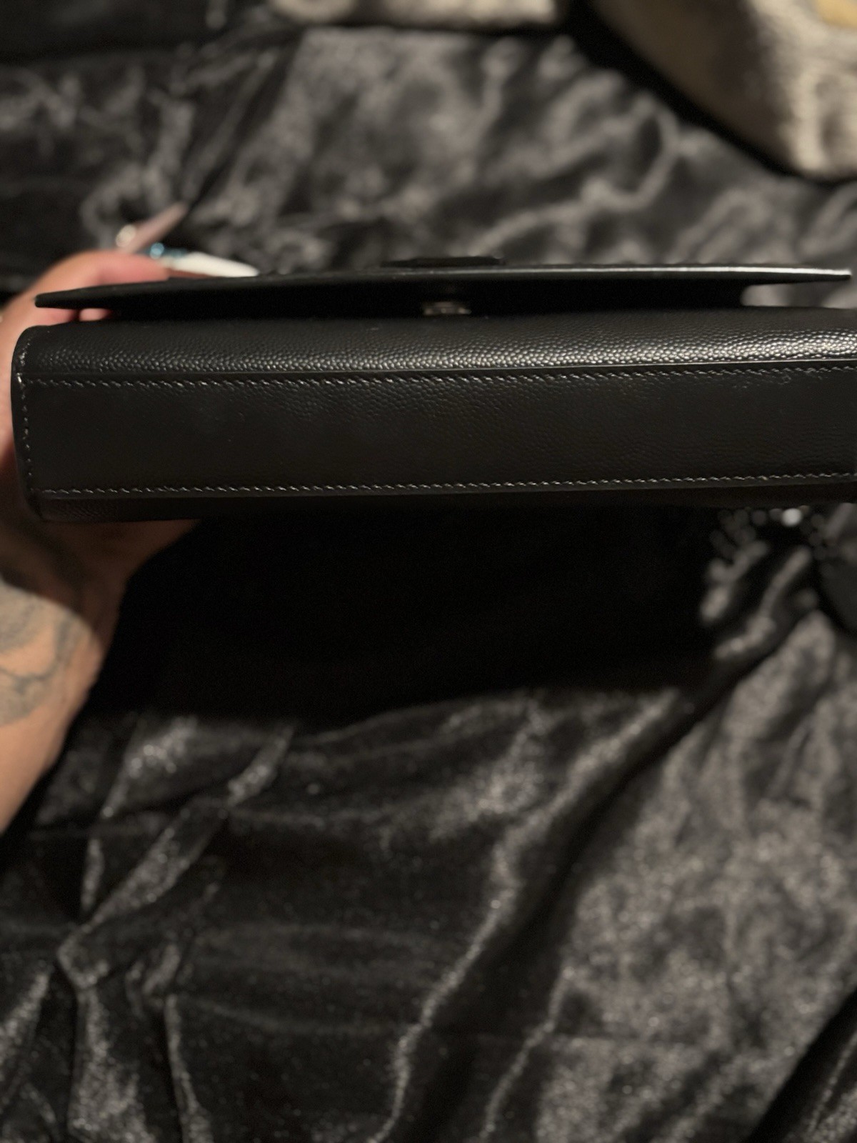 Saint Laurent YSL Black Pebbled Chain Crossbody Wallet Bag Snap Closure Small