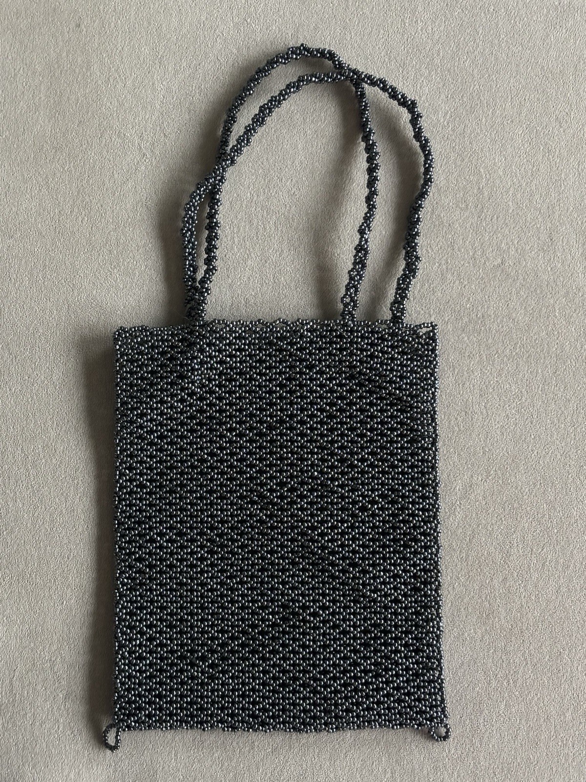 Fully beaded mini tote handbag in black – gray for any occasion.