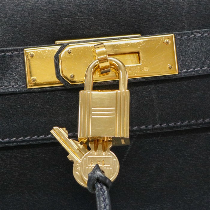 HERMES Kelly 32 Handbag Box Calf Leather Gold Hardware 〇W 1993 Bleu Indigo(Navy)