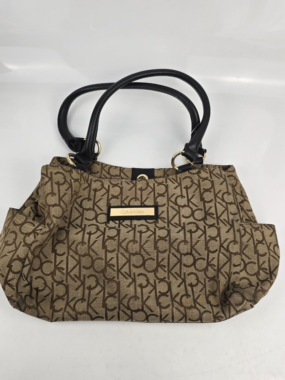 Calvin Klein Tote Shoulder Bag Jacquard Brown CK Monogram Gold Logo Plate