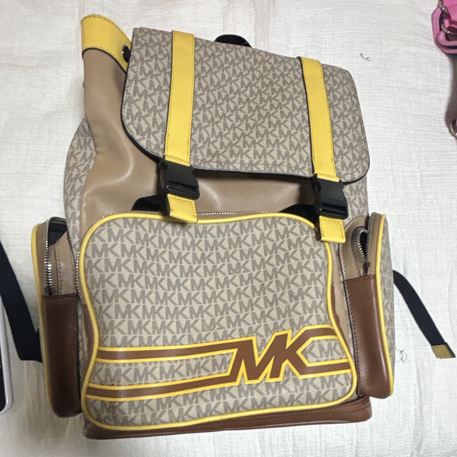 Michael Kors Monogram Backpack Beige Brown Yellow Drawstring Buckle Gold HW