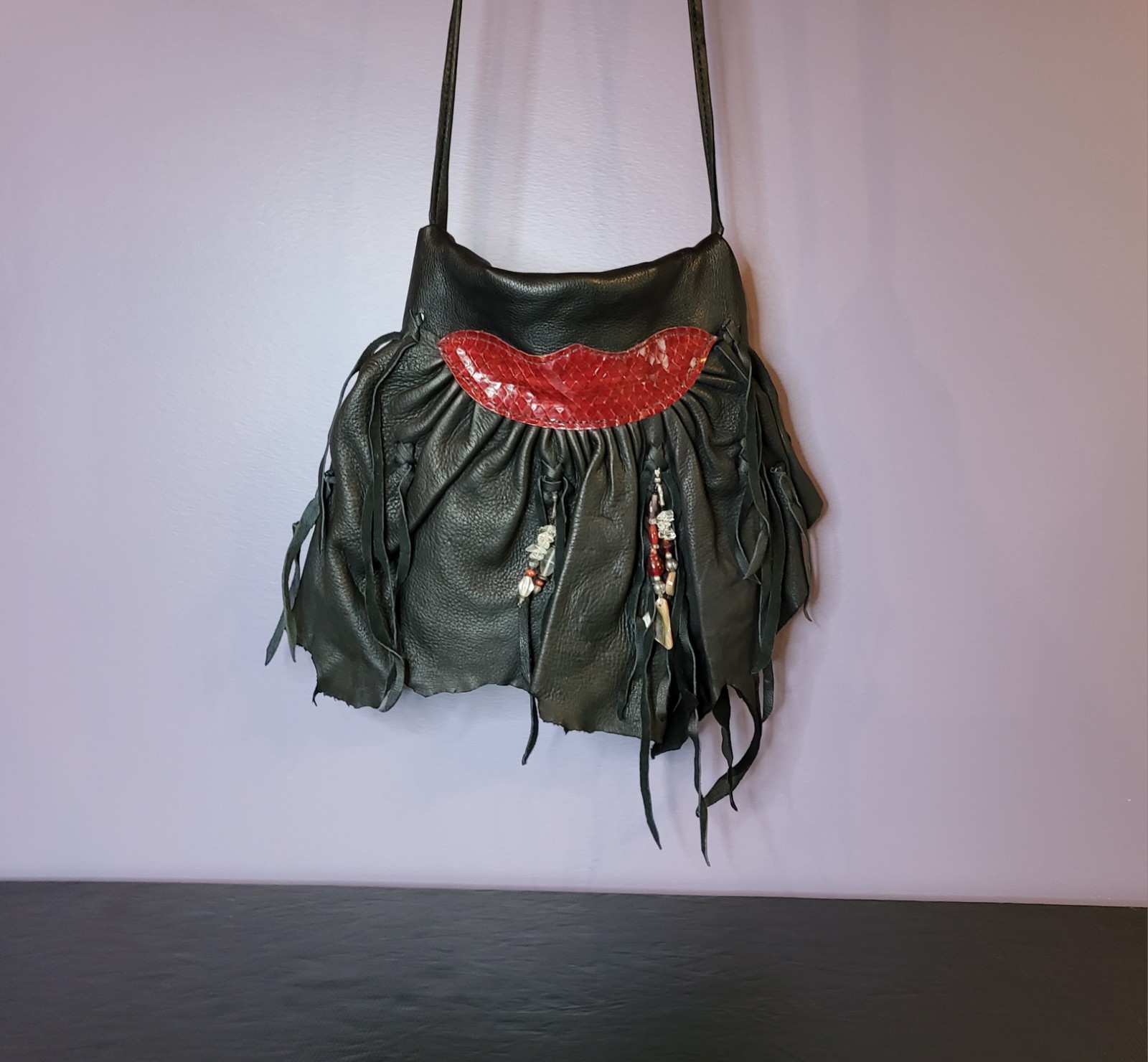 Biker Gypsy Queen Black Leather Purse Bag Beads Red Fashion Woman Artisan Made