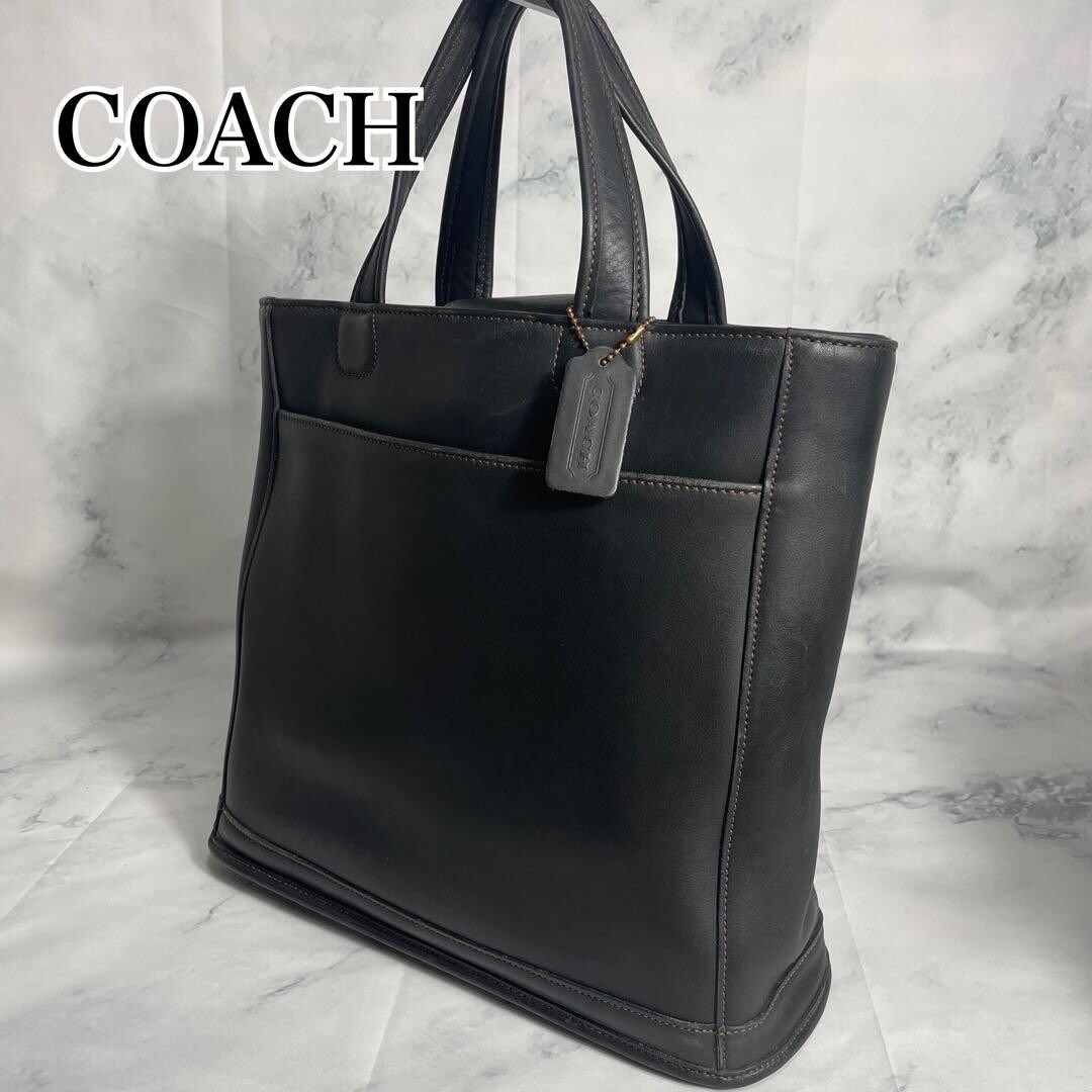 COACH Black Leather Tote Bag Grained Calf M 9314 Gold Hardware 14.6in W