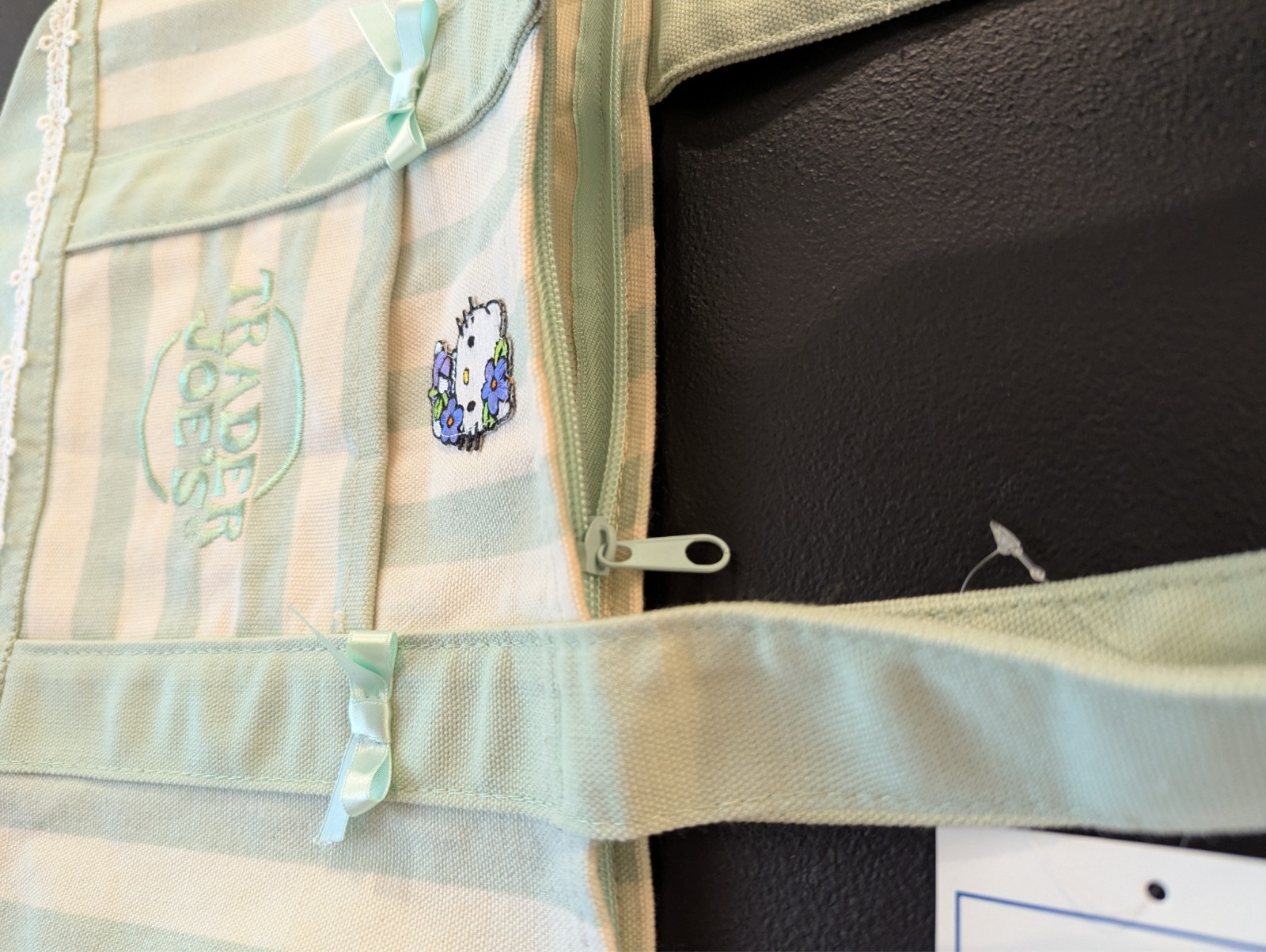 Custom Trader Joe’s Hello Kitty zipper mini tote bag striped pastel green bows