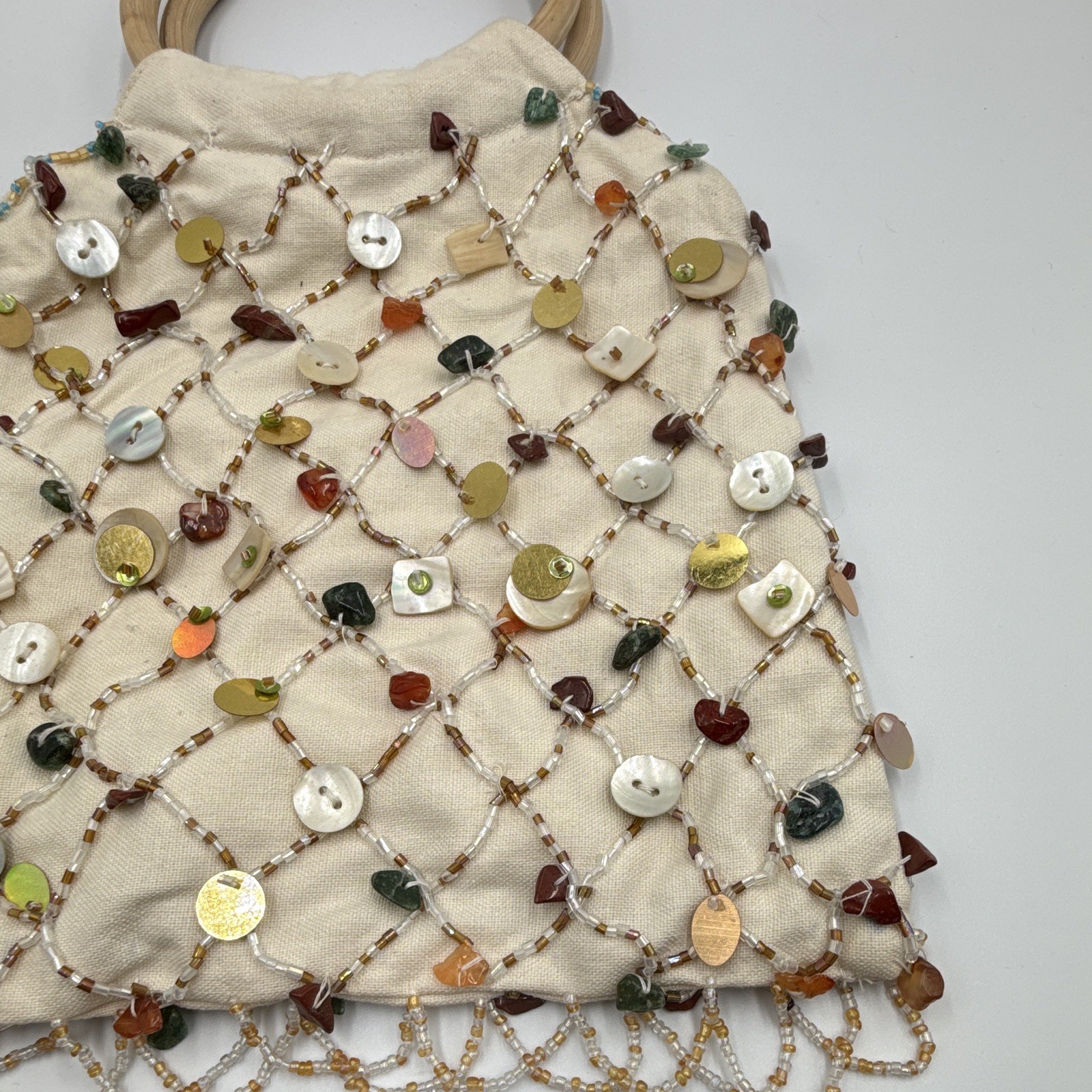 Beige Beaded Sequin Satchel Top Handle Bag Wood Handle Lined Party/Cocktail