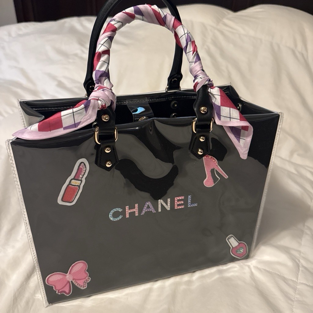 Chanel Medium Paper Shopping Bag PVC Liner Leather Handles Black Gold Hardware