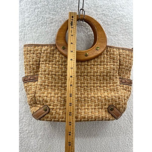 Fossil Handbag Women Small Tan Good Woven Straw Wood Handle Modern Vintage Bag