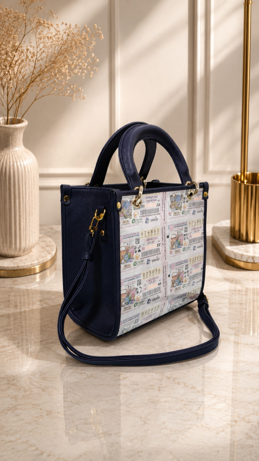 Handmade Thai Lottery Ticket Handbag – Navy Blue Edition