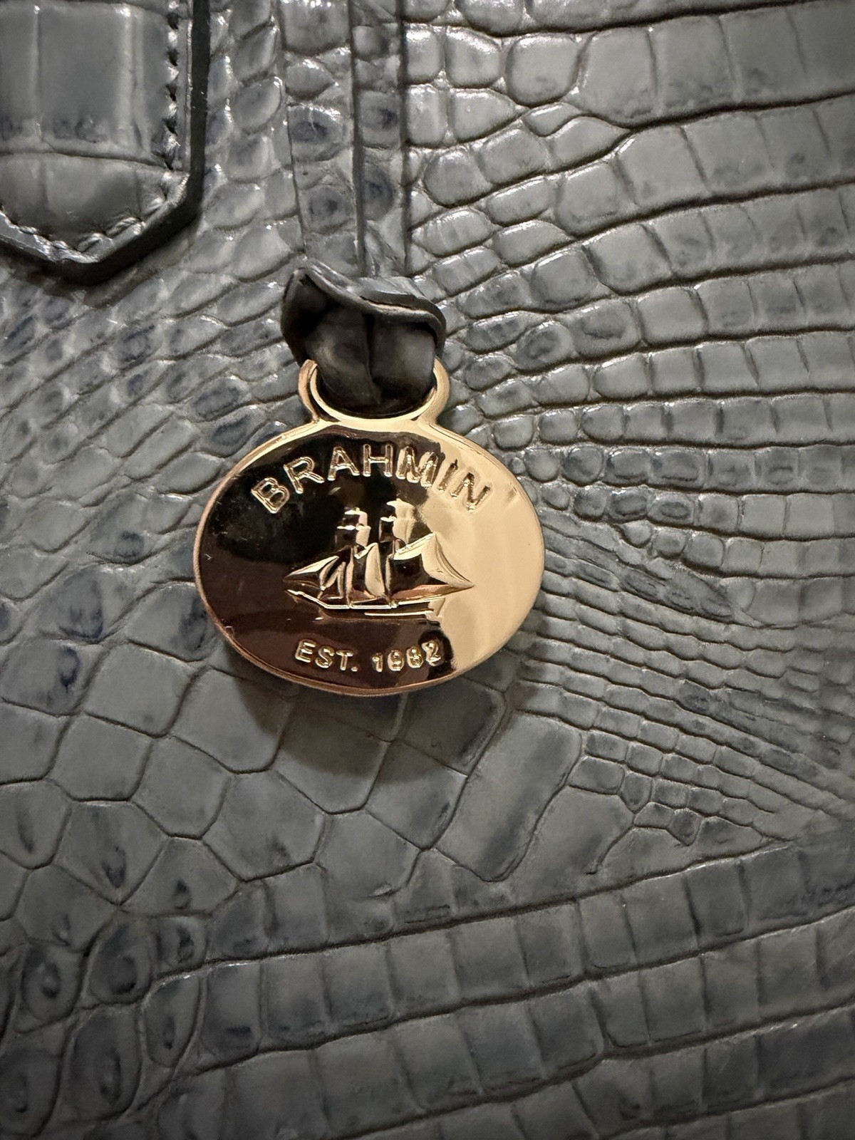 Brahmin Blue Crocodile Tote Bag Zip Top Charm Bottom Studs Gold Hardware