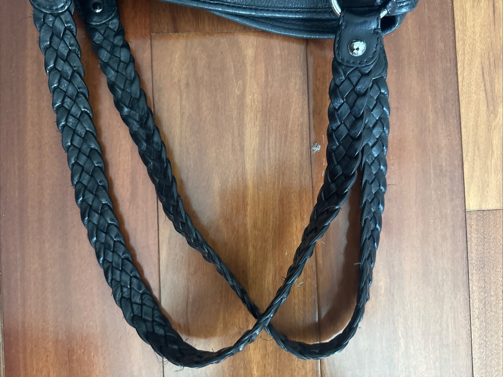 Banana Republic Black Genuine Pebbled Leather Braided Handle Chrome Hardware
