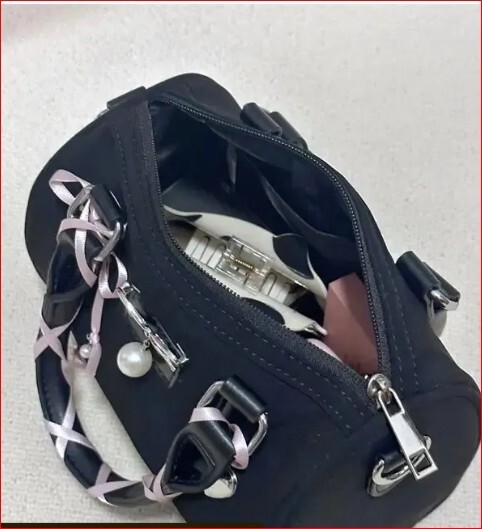 Chic Black Mini Barrel Bag with Pink Ribbon and Pearl Charm NWOT