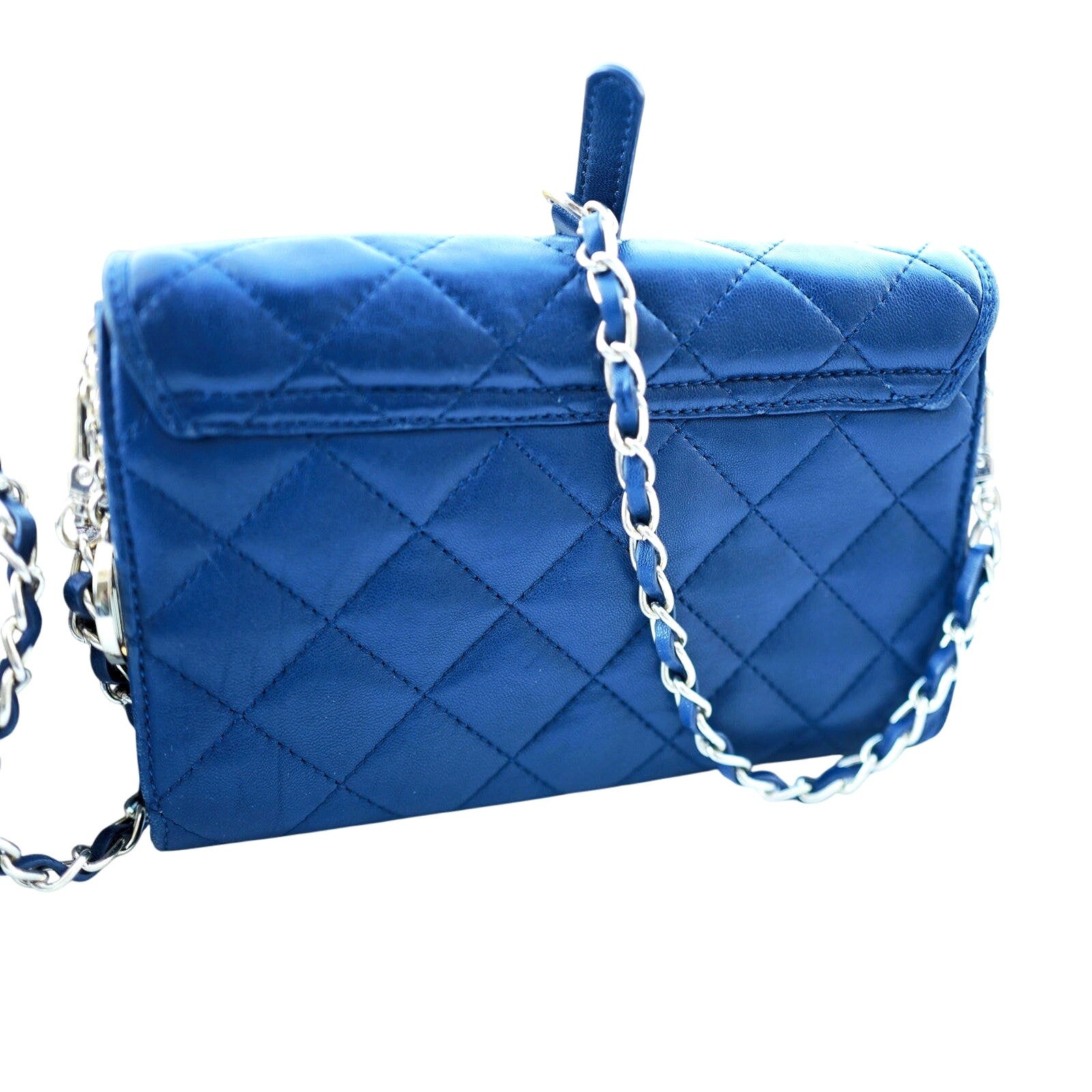 DKNY Quilted Cobalt Blue Leather Crossbody Bag Silver Chain Strap Shoulder Purse