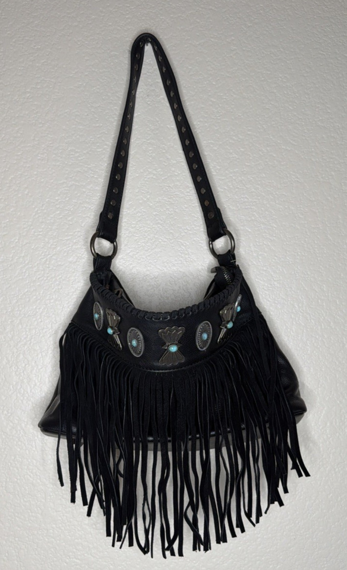 Shyanne Black Leather CCW Concealed Carry Fringe Purse Western Turquoise Concho