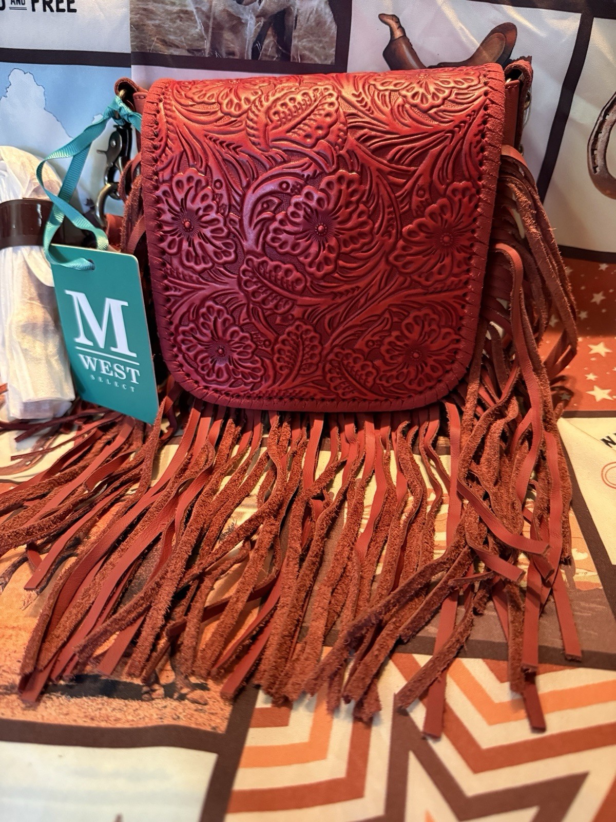 Montana West Western Red Floral Embossed Fringe Crossbody Zip Det Strap