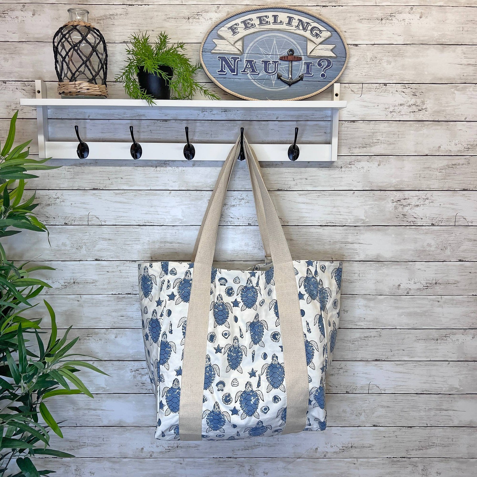 Handcrafted Canvas Bag with Block-Printed Sea Turtles
