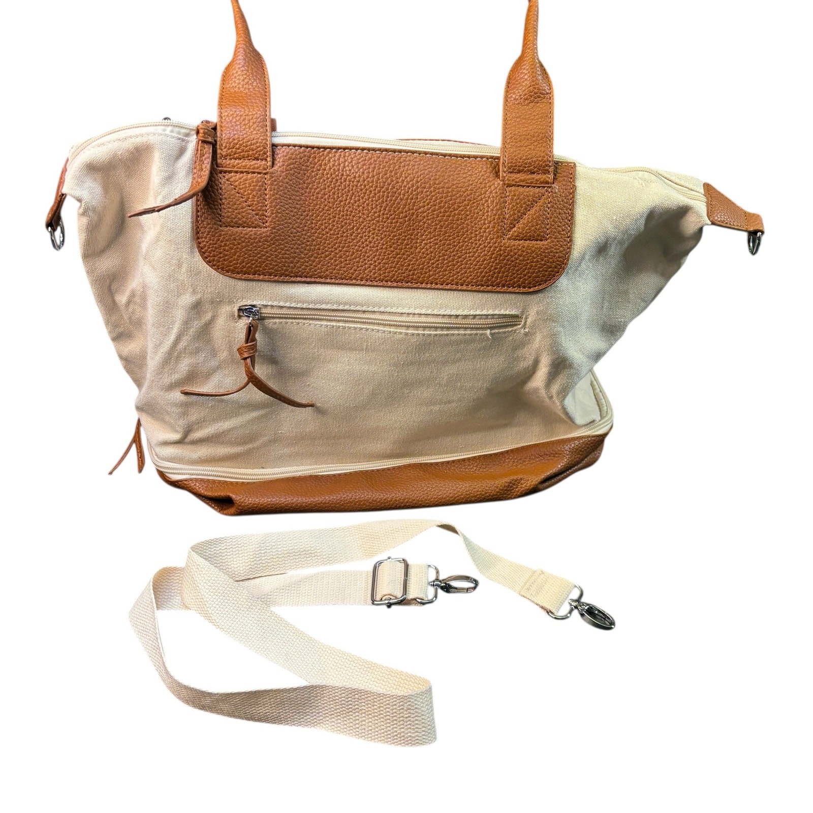 Graf Lantz Canvas & Leather Tote Bag | Cream Tan Carryall Crossbody Detach Strap