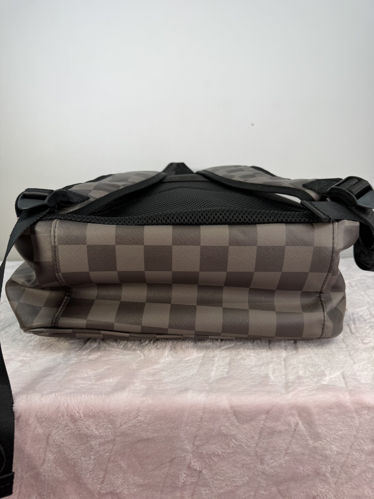 Ed Hardy Backpack Gray Checkered Faux Leather Eagle Graphic