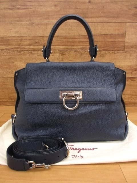 SALVATORE FERRAGAMO 21A896 Sophia 2Way Shoulder Bag Leather Dark Navy Excellent