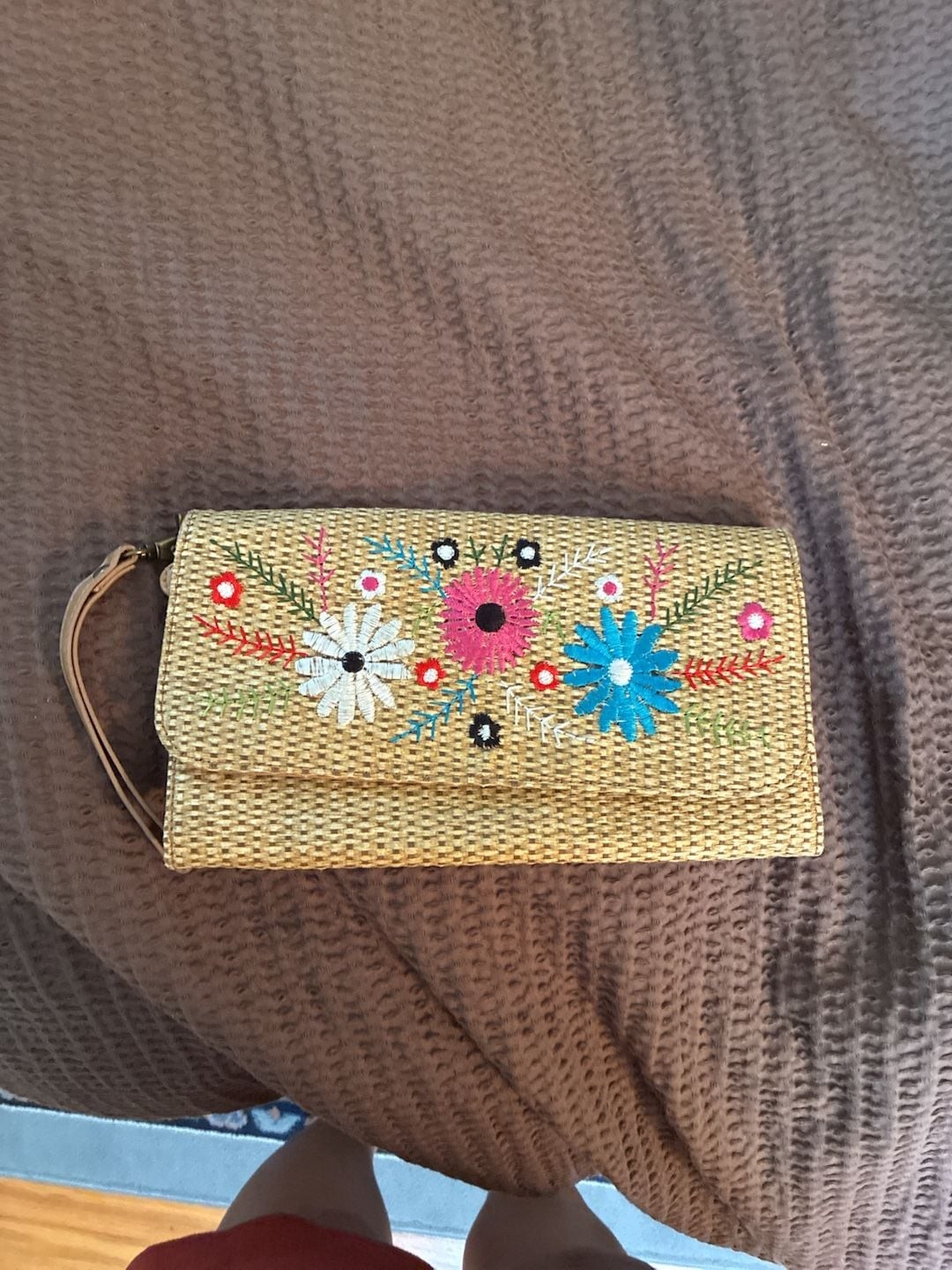 ALDO Woven Straw Clutch with Embroidered Floral Detail and Removable Wristlet