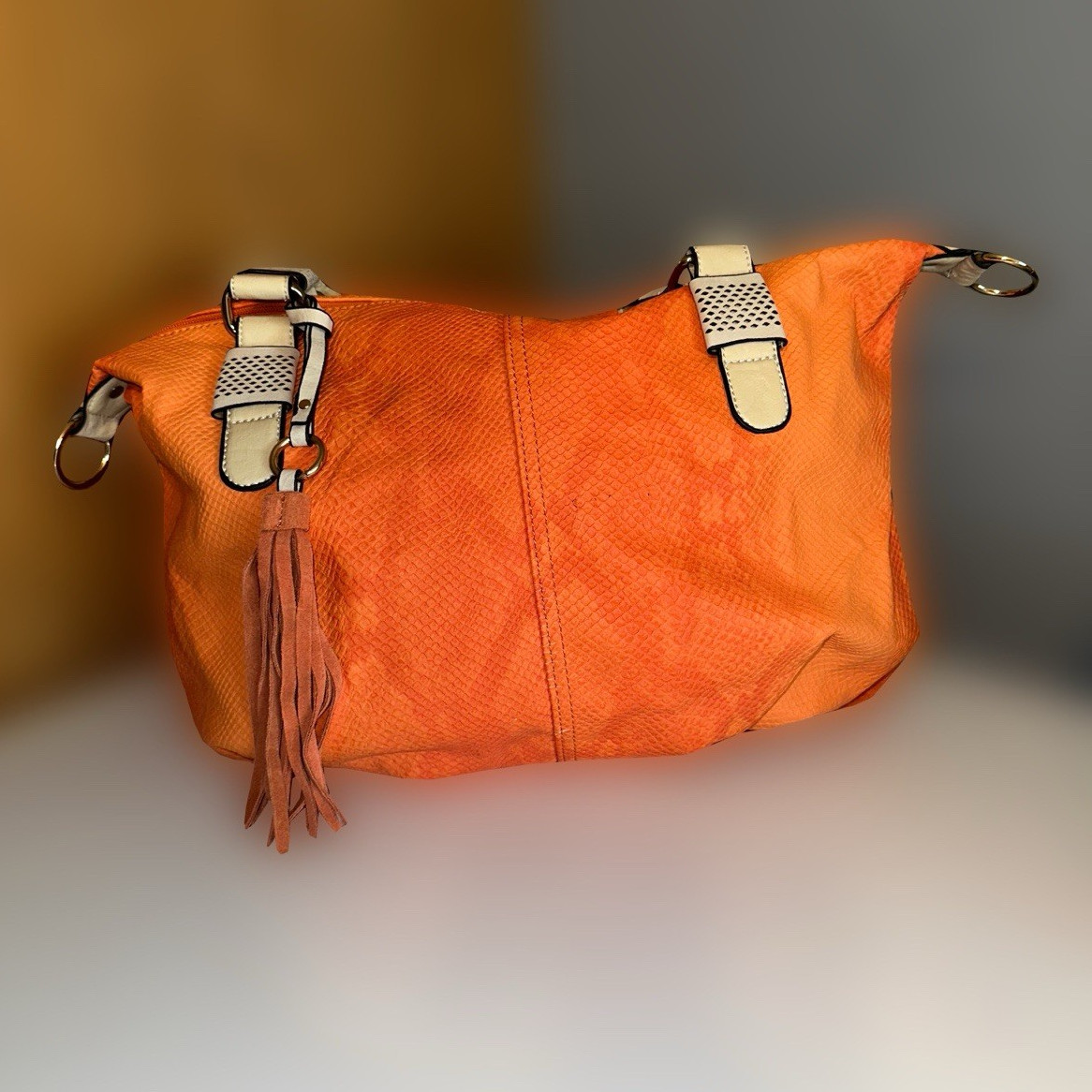 Orange Medium Crescent Shoulder Bag Zip Detachable Adjustable Strap Tassel