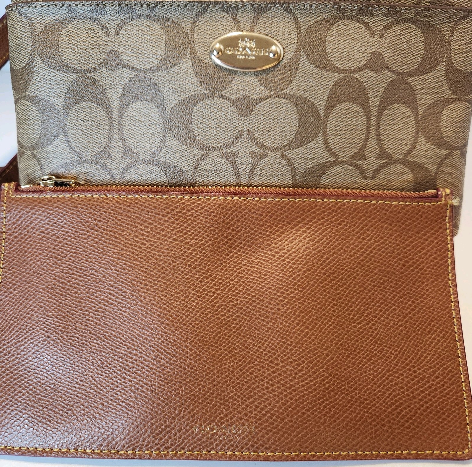 COACH F52657 F52619 Signature East West Pop Crossbody Bag Khaki Saddle Brown Set