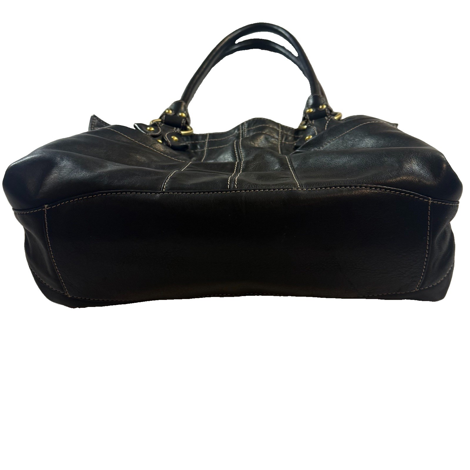 Tignanello Leather Shoulder Bag Purse Black Brushed Gold Hardware Zipper Pocket