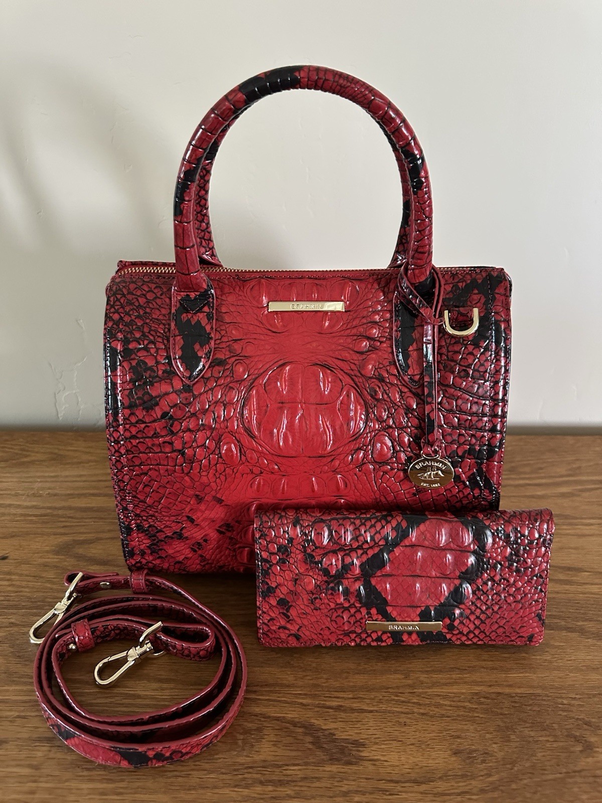 Brahmin Small Caroline Handbag Lipstick Red Black Snakeskin W/Wallet Ombre MINT