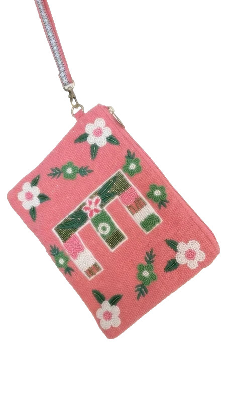 America & Beyond Pink Floral Beaded Initial E Wristlet Clutch NWT Approx 7×9.5″