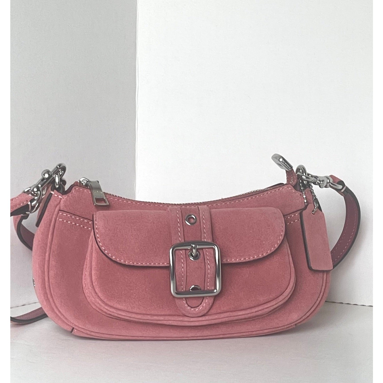 Coach Ashton Mini Shoulder Bag CDB12 Pink Suede Baguette Crossbody