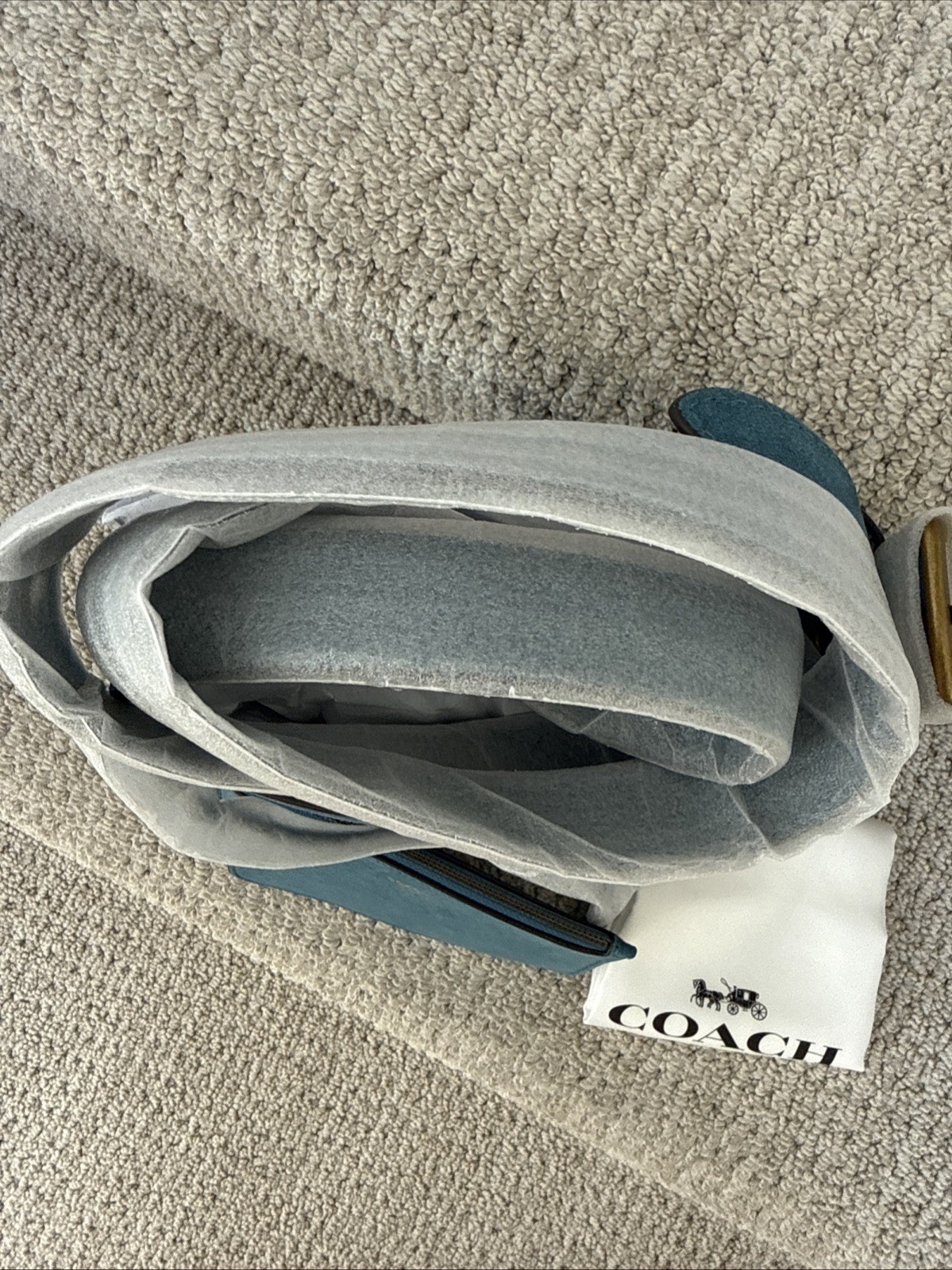 NWT COACH Sealed Bleecker Bucket Bag 21 X-body Brass/Sea Blue Suede CCW84 +Pouch